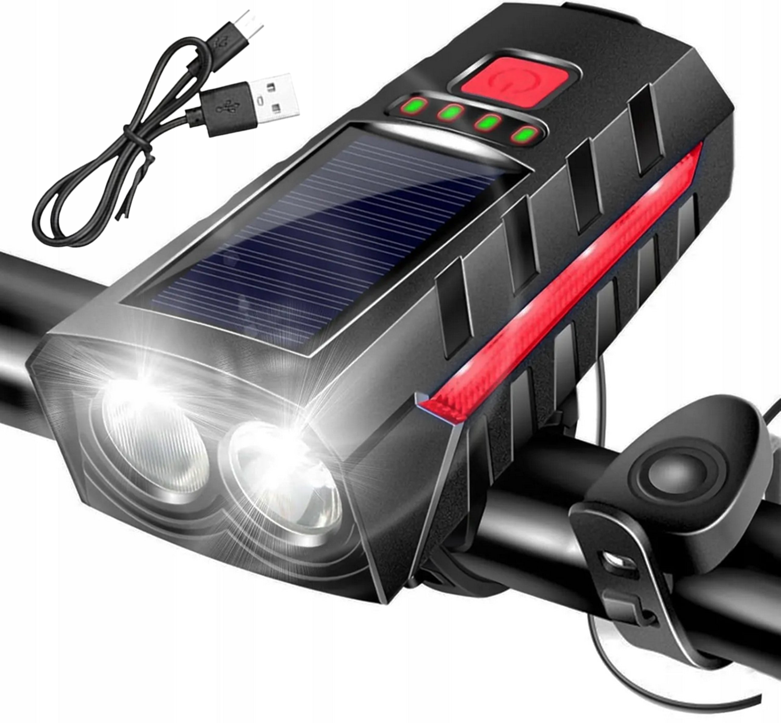 SOLAR LED BICYCLE LIGHT FOR HANDLEBAR SET FRONT REAR LOUD BELL Manufacturer code MOCNA LATARKA PRZÓD TYŁ UCHWYT USB LED SOLAR