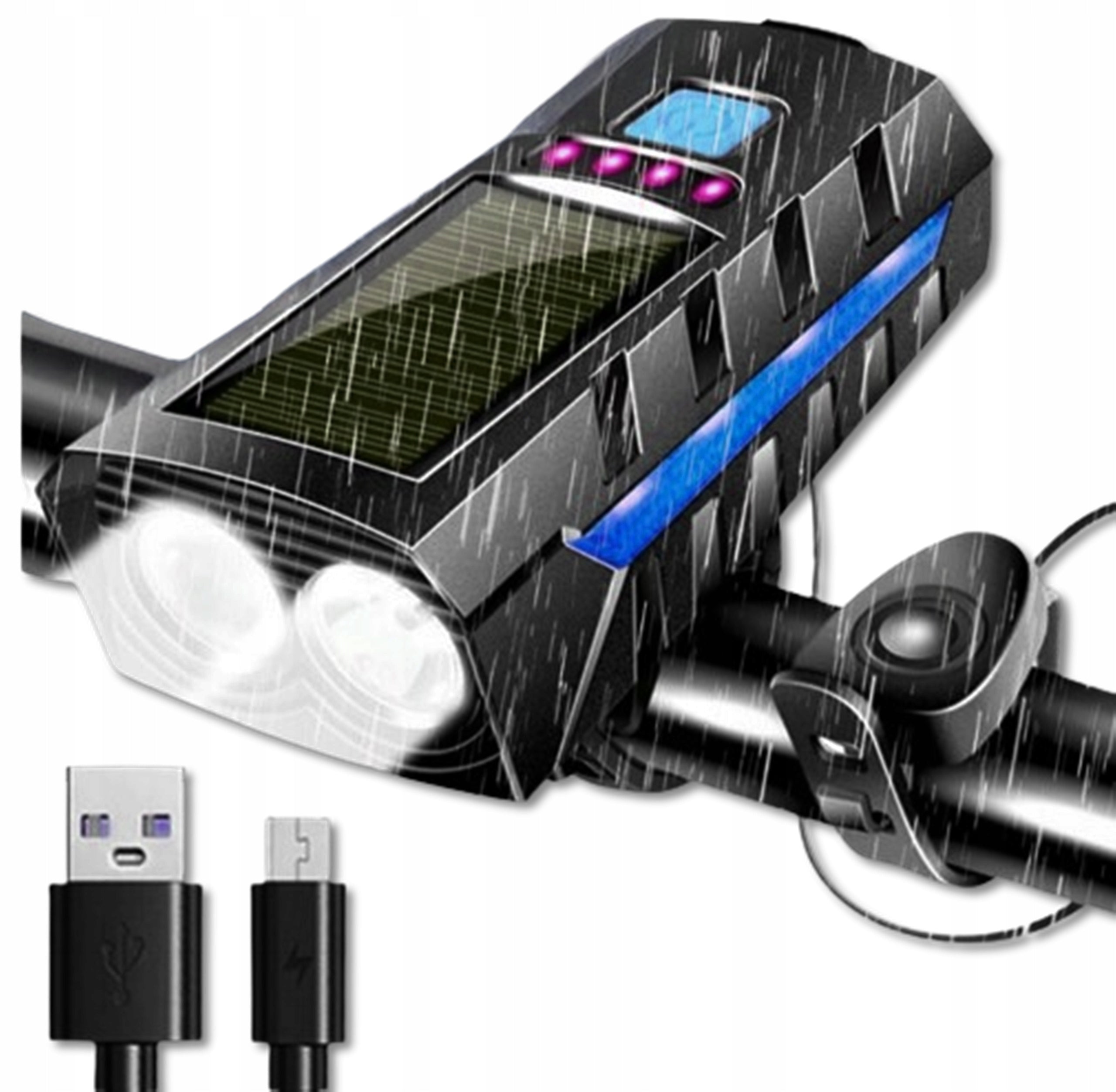 SOLAR LED BICYCLE LIGHT FOR HANDLEBAR SET FRONT REAR LOUD BELL Packaging status original