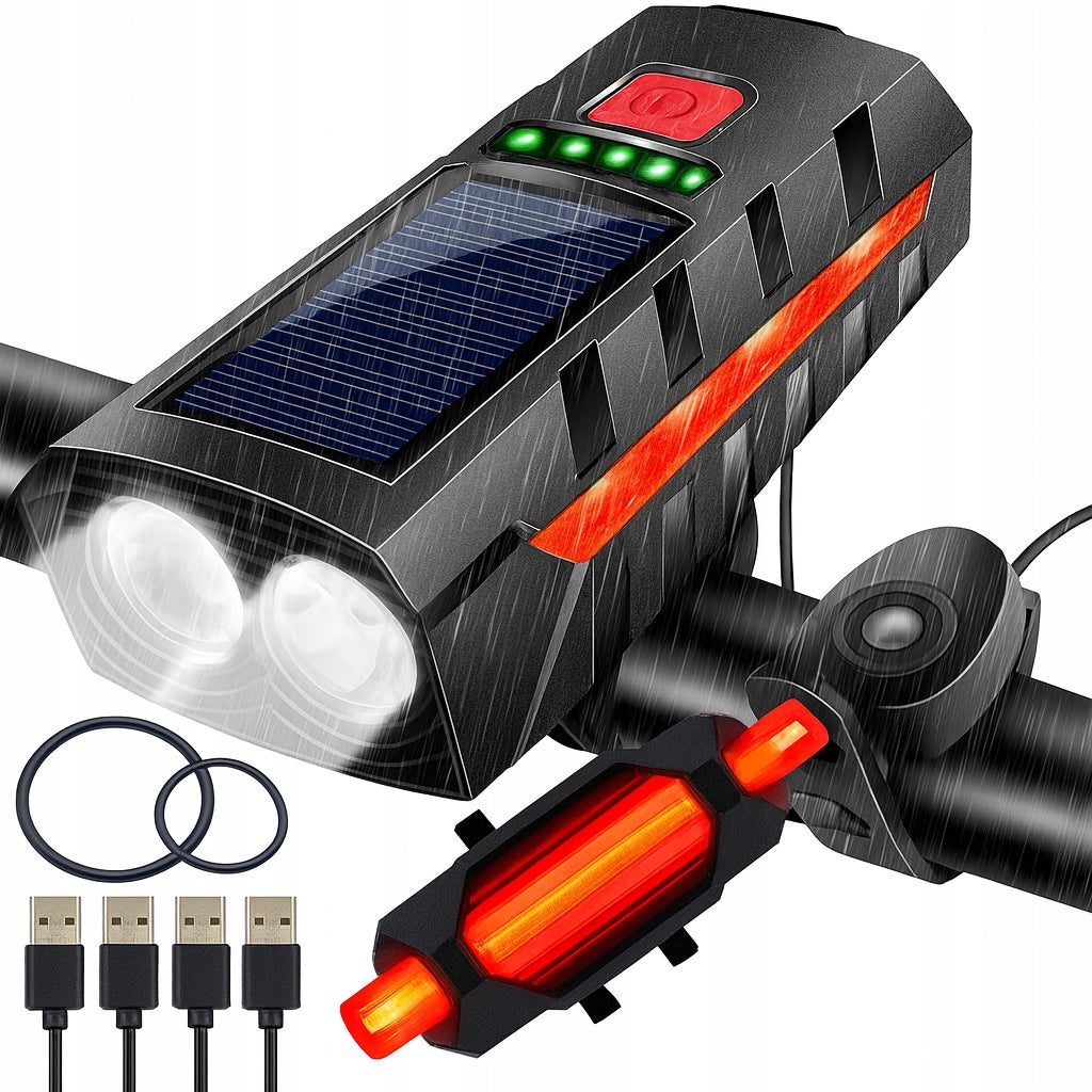 SOLAR LED BICYCLE LIGHT FOR HANDLEBAR SET FRONT REAR LOUD BELL