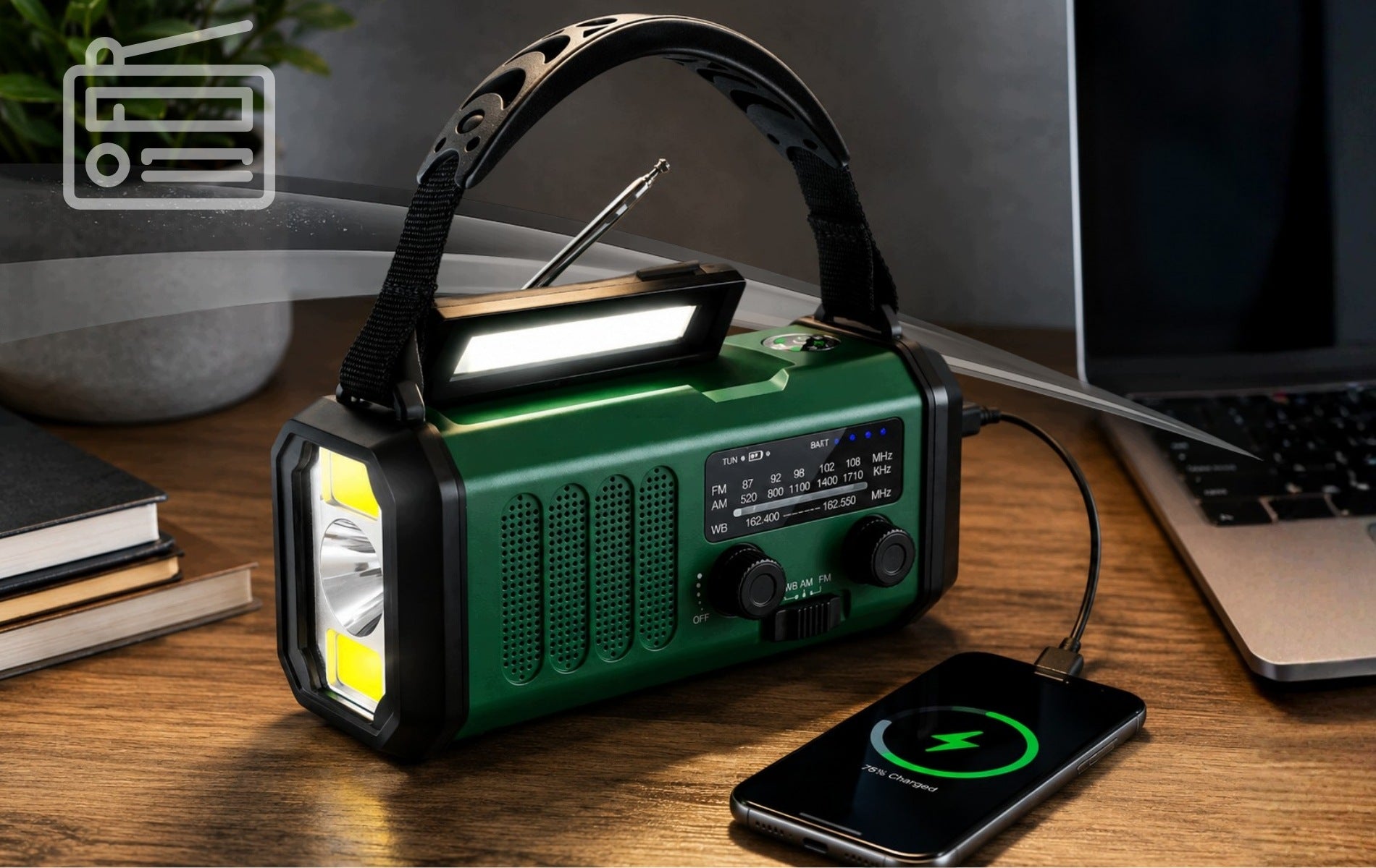 SOLAR PORTABLE RADIO FOR CONSTRUCTION CRANK 20000 mAh SOS FLASHLIGHT POWERBANK Packaging status original
