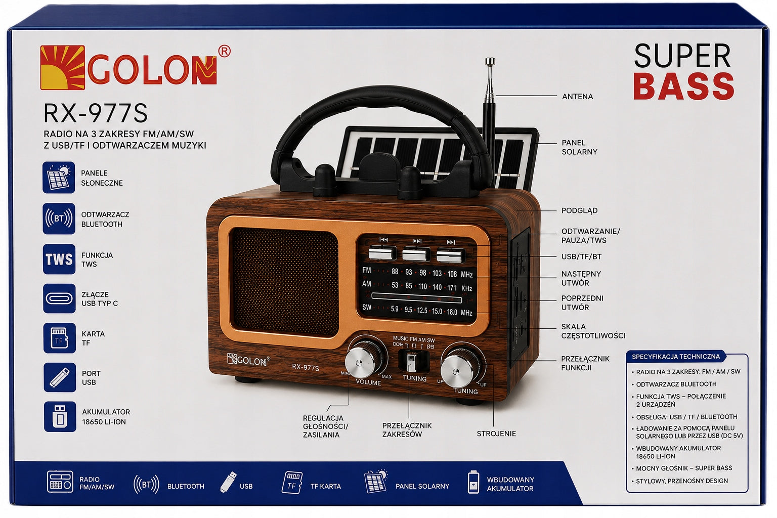 SOLAR RADIO NETWORK BATTERY PORTABLE WITH BLUETOOTH AM FM RETRO Manufacturer code Radio Golon RX-977 Infloo