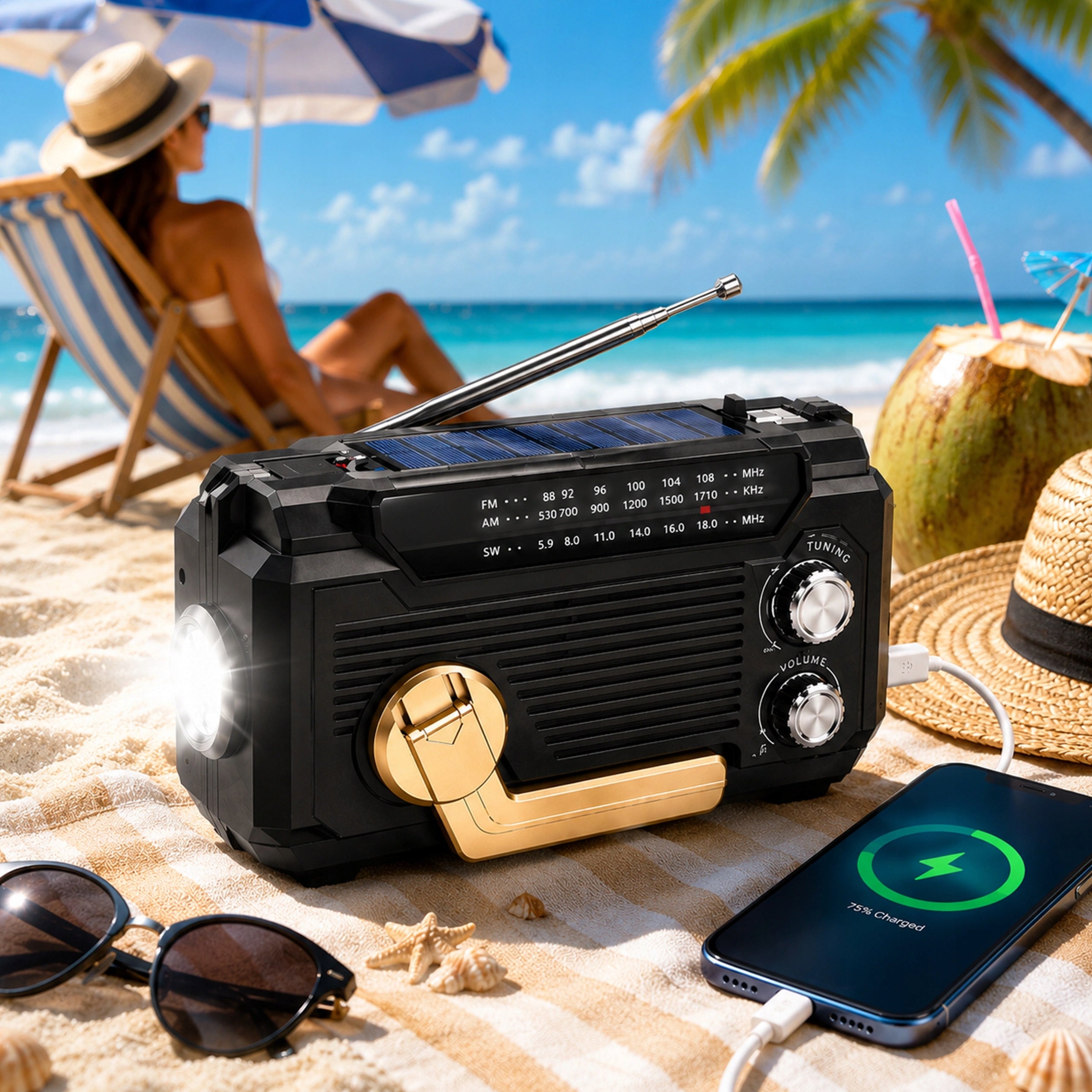 SOLAR RADIO WITH CRANK EMERGENCY BLUETOOTH USB AM FM FLASHLIGHT LED POWERBANK Brand WS