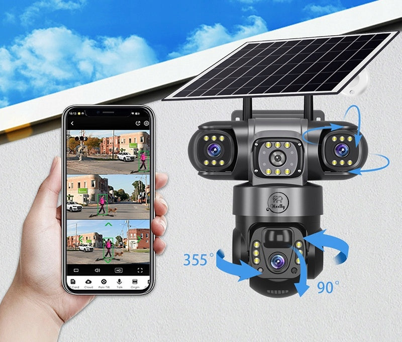 SOLAR WIFI CAMERA OUTDOOR THREE HD LENSES 3X3MP ROTATING HEELLY Packaging status original