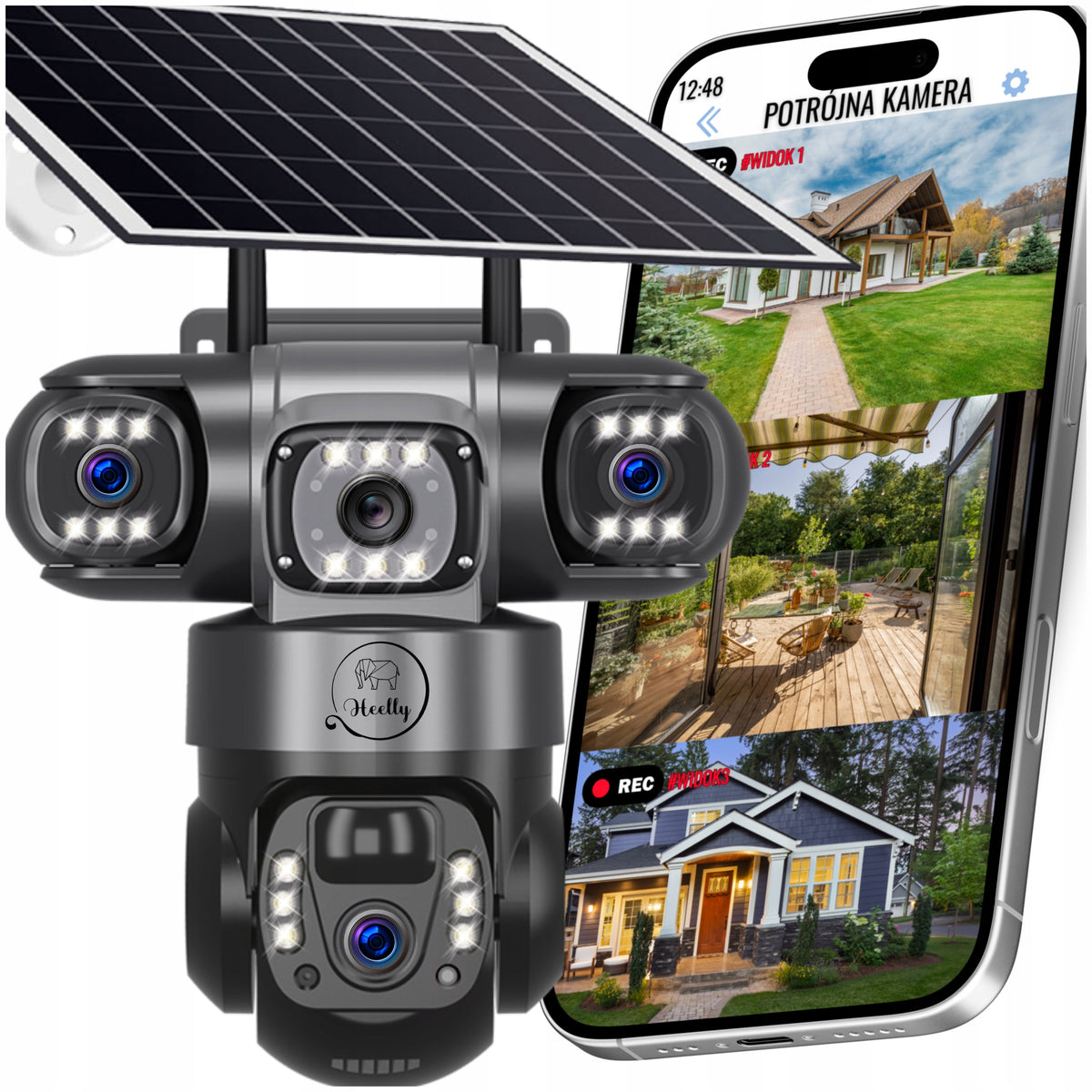 SOLAR WIFI CAMERA OUTDOOR THREE HD LENSES 3X3MP ROTATING HEELLY