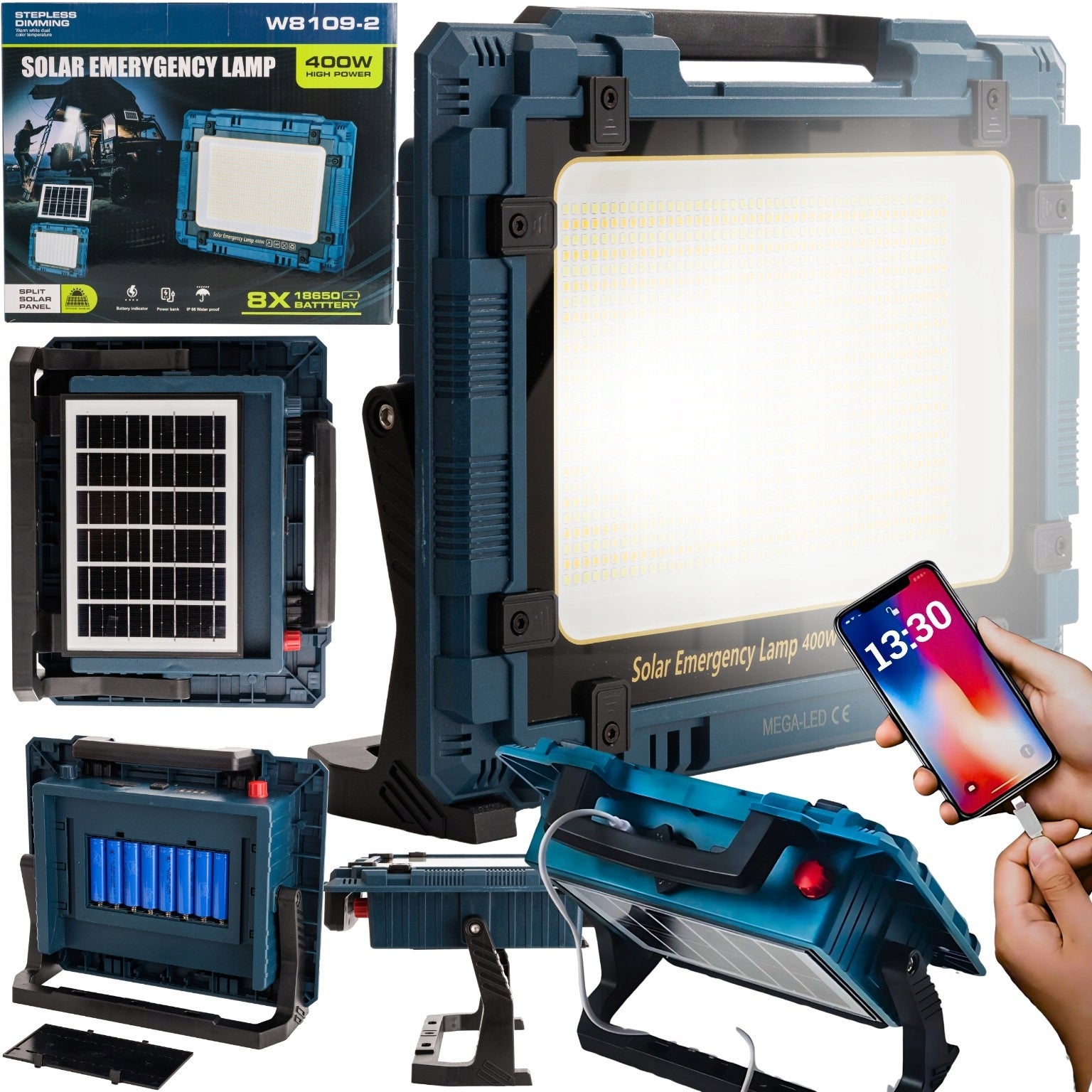 SOLAR WORK LAMP PORTABLE IP67 400W 8X BATTERY 18650 POWERBANK