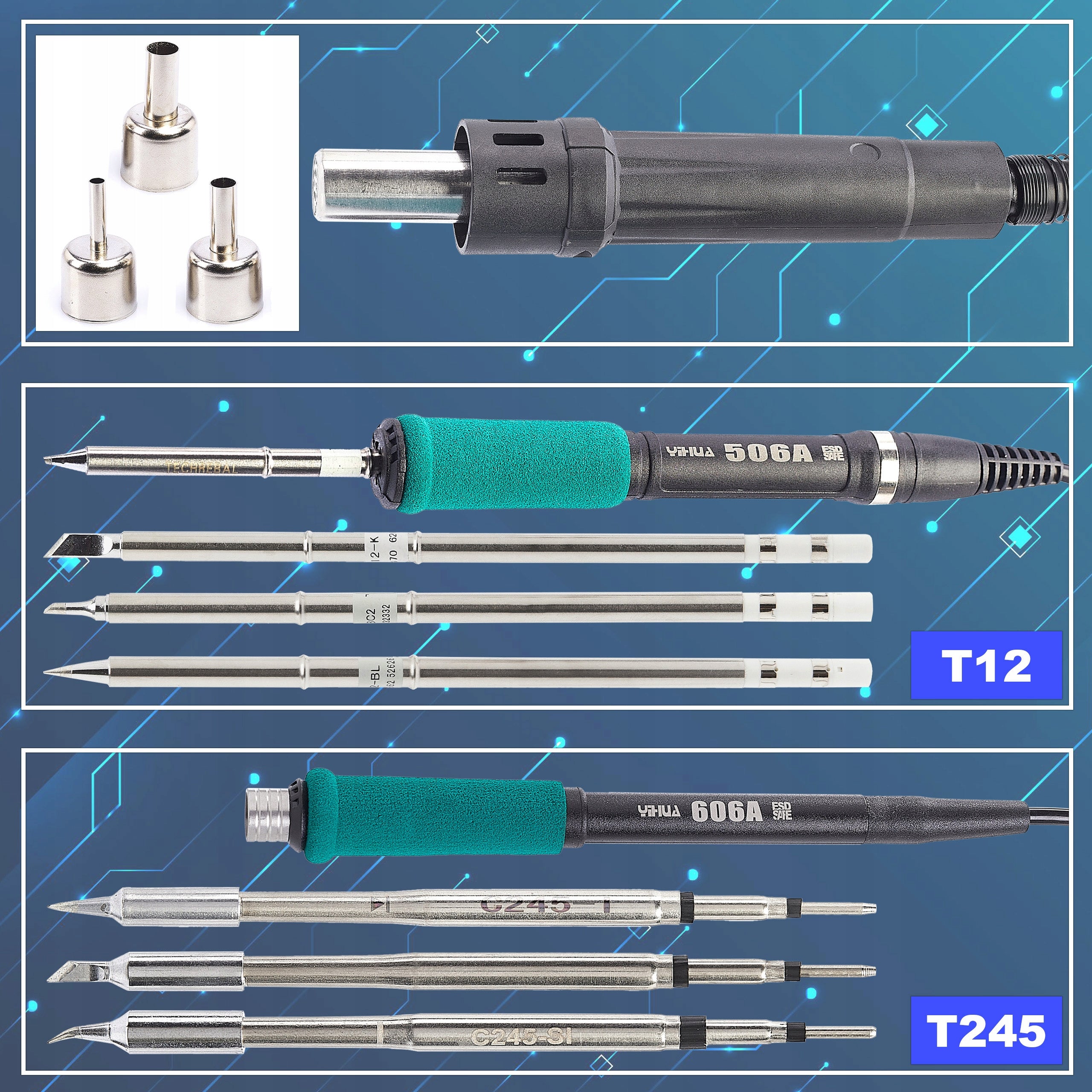 SOLDERING STATION 2IN1 HOT-AIR TIP T12 C12 YIHUA 706 II TECHREBAL 907G Manufacturer code ZESTAW-A86A-586D9