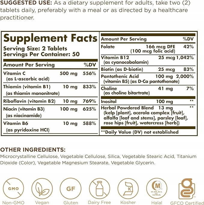 SOLGAR VITAMIN B COMPLEX PLUS VITAMIN C 100 tablets EAN (GTIN) 033984002005