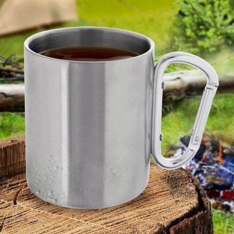 SOLID STEEL DURABLE LIGHTWEIGHT TRAVEL MUG 350ML WITH CARABINER HOOK Manufacturer code ORI_112441