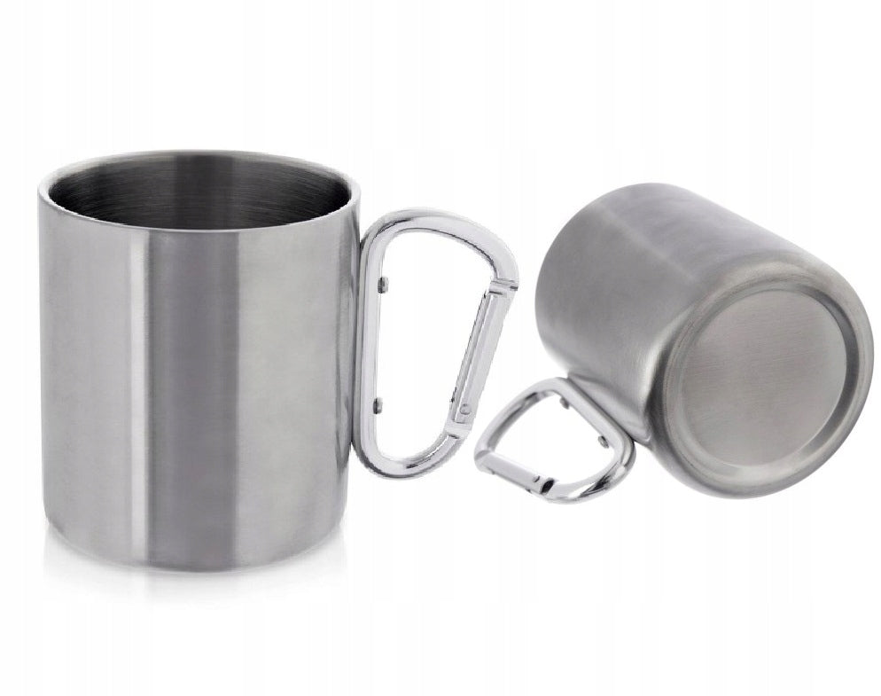 SOLID STEEL DURABLE LIGHTWEIGHT TRAVEL MUG 350ML WITH CARABINER HOOK
