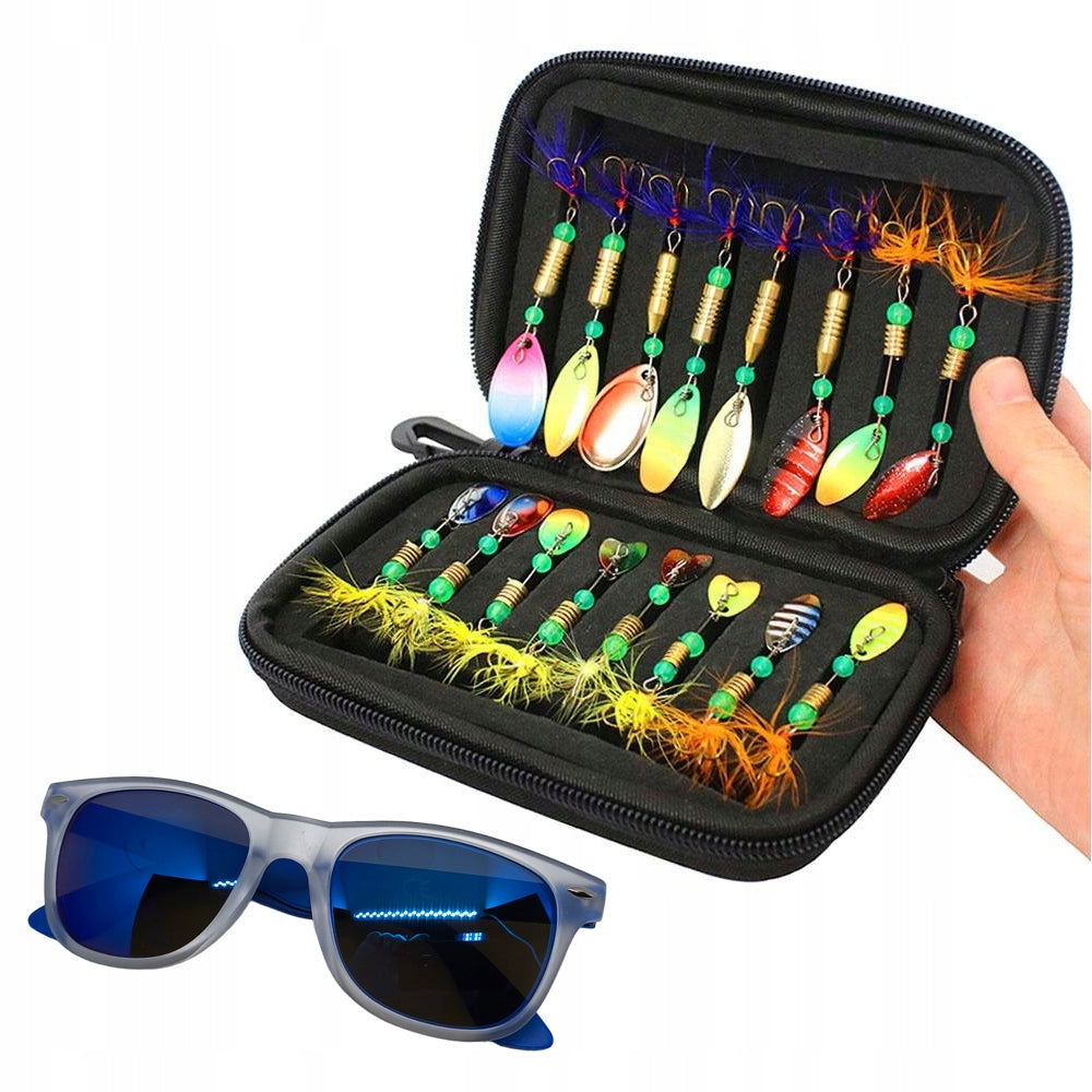 SPINNER SET, SPINNER BAITS, SHEET METAL FISH + SUNGLASSES