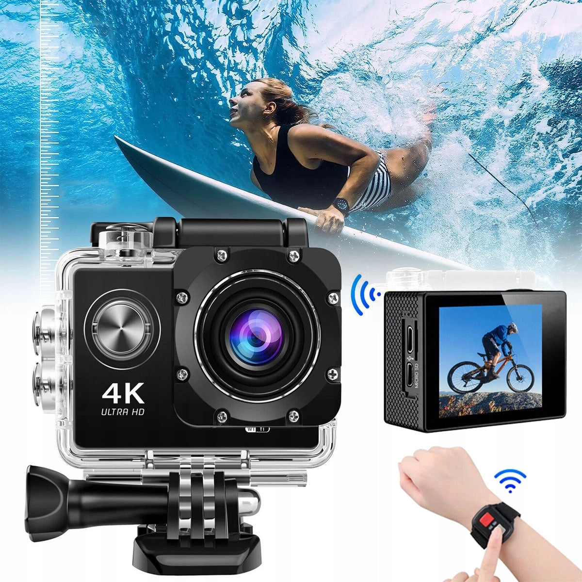 SPORTS CAMERA 4K 1080P FULL HD WIFI WATERPROOF AKCESORIA HANDLES