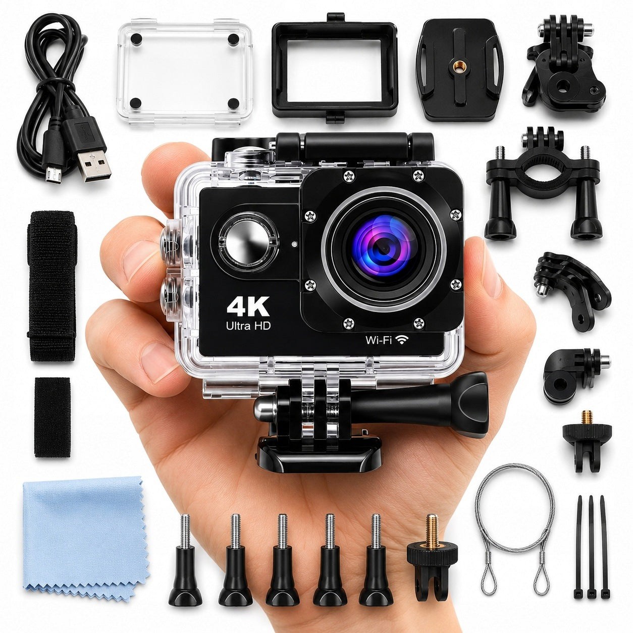 SPORTS CAMERA 4K FULL HD WIFI WATERPROOF 30M HANDLES SET 170° PRO 2