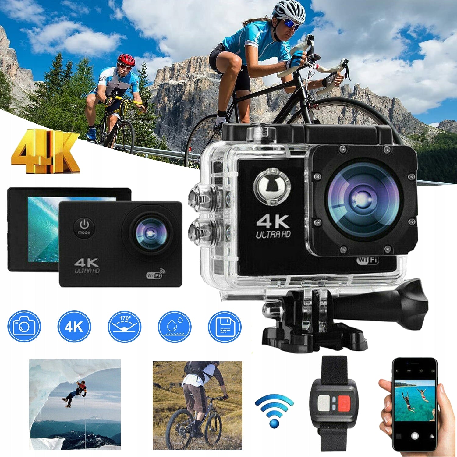 SPORTS CAMERA 4K WATERPROOF UNDERWATER CAMERA 30M, 170 DEGREE WIDE ANGLE