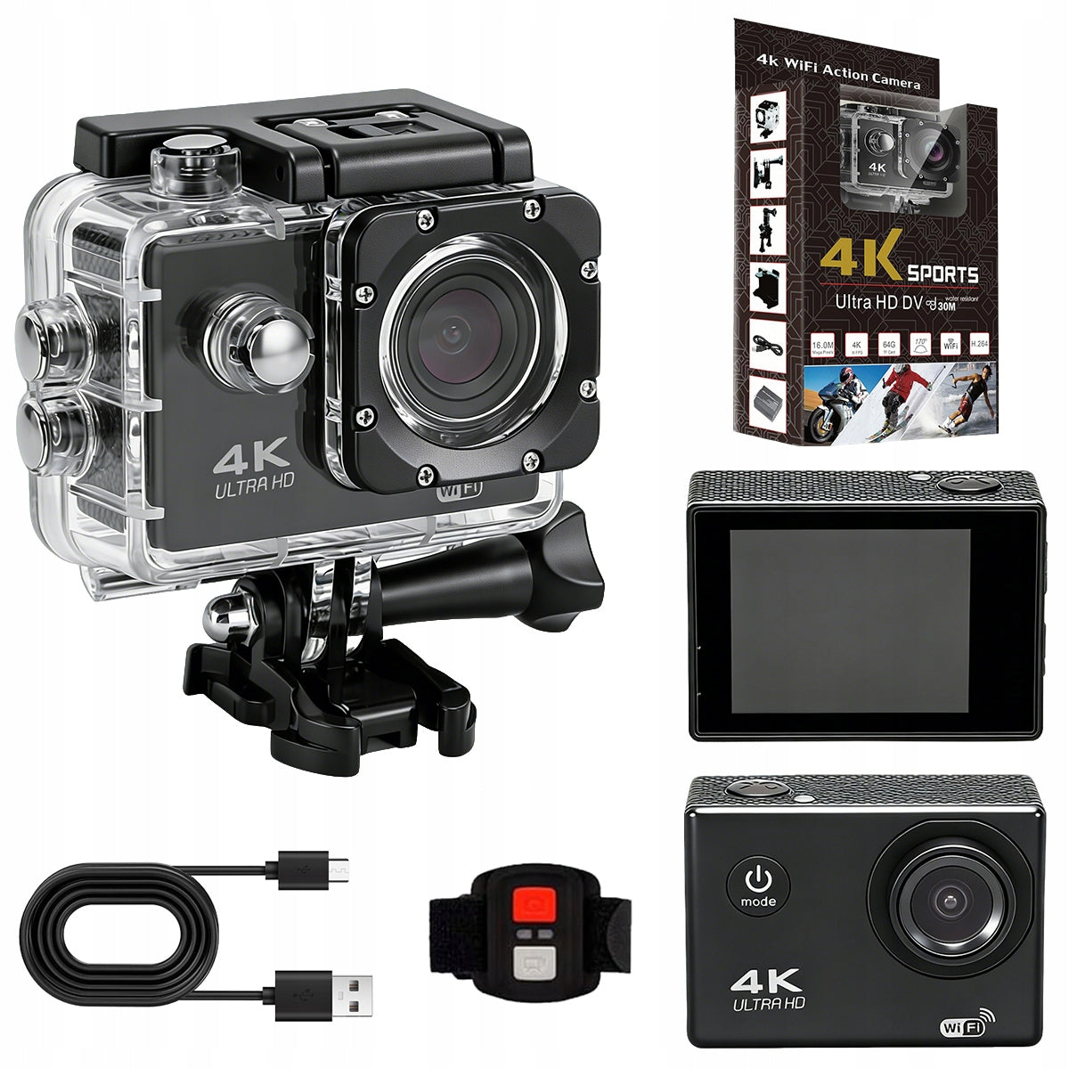 SPORTS CAMERA 4K WIFI MICROPHONE USB WATERPROOF AKCESORIA SET NEW
