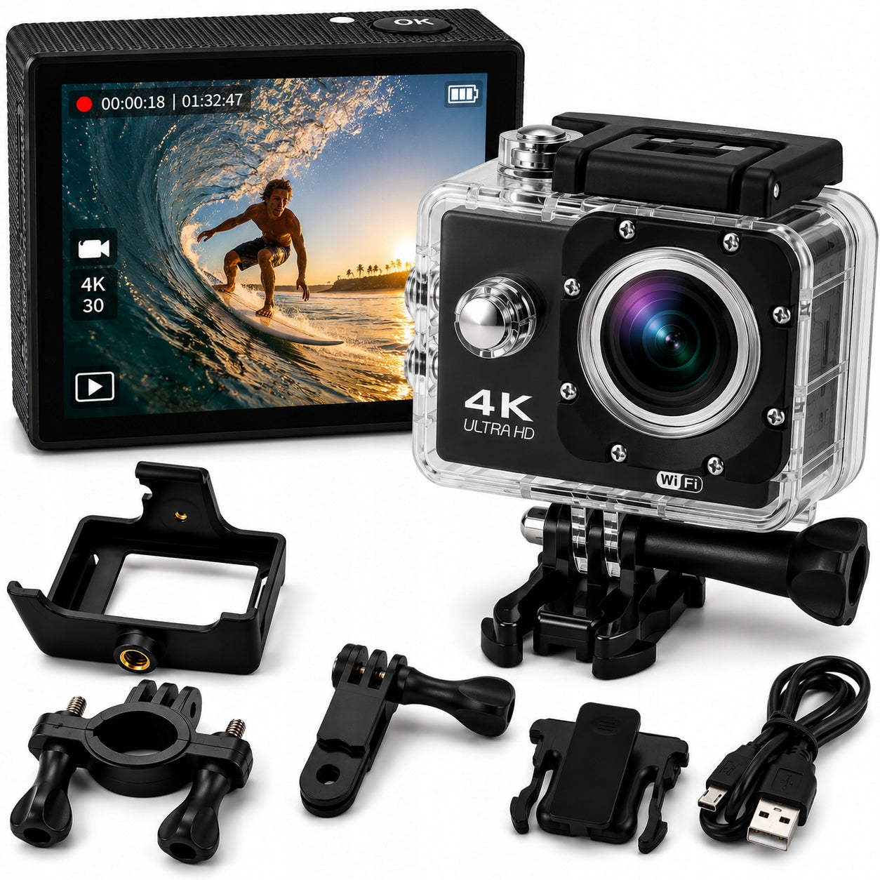 SPORTS CAMERA WATERPROOF 4K UHD LCD SPEAKER MICROPHONE + MOUNT KIT