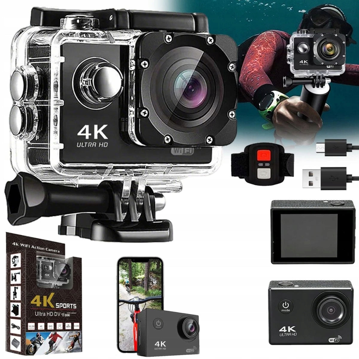 SPORTS CAMERA WATERPROOF FULL HD CAMERA 4K HOUSING HANDLE SET