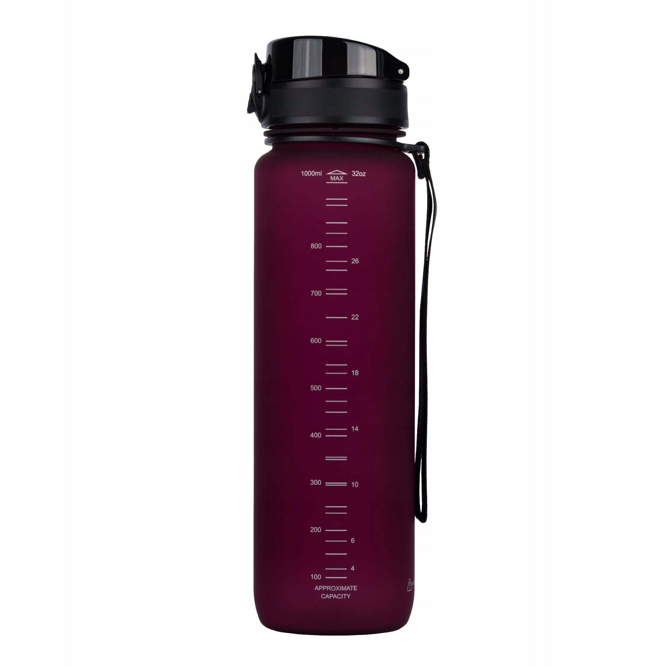 SPORTS WATER BOTTLE 1L TRITAN BOTTLE WITH MEASURING CUP BPA FREE BURGUNDY Additional features anti-slip coating handle mouthpiece fruit compartment BPA-free water consumption indicator