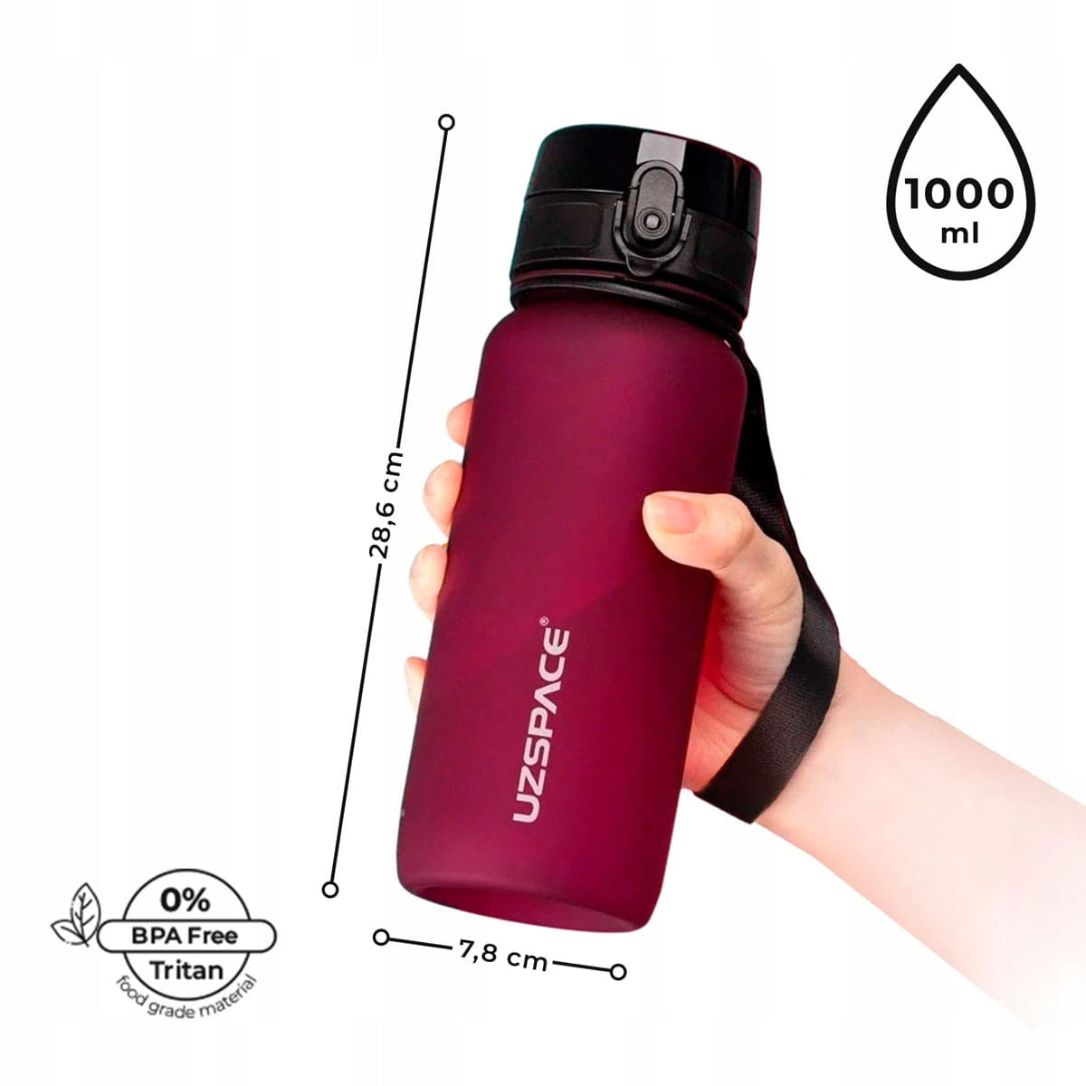 SPORTS WATER BOTTLE 1L TRITAN BOTTLE WITH MEASURING CUP BPA FREE BURGUNDY Volume 1000 ml
