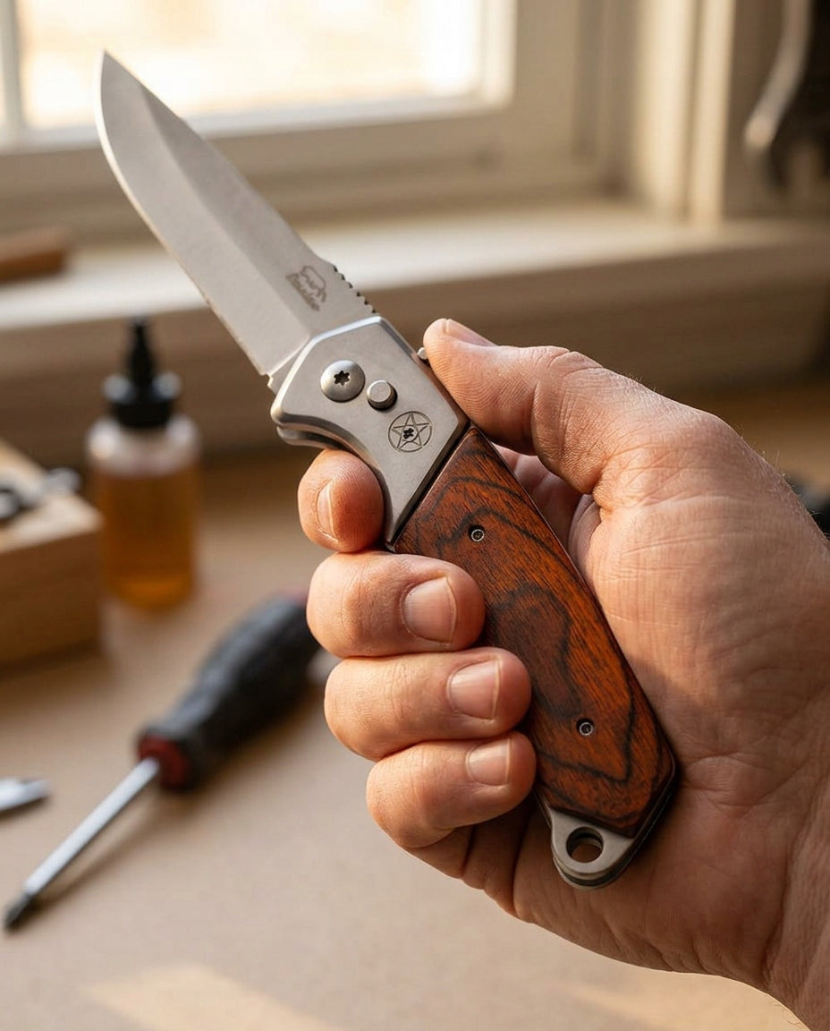 SPRING KNIFE FOLDING WOOD STAINLESS STEEL 420 CAMPING SURVIVAL + CASE Brand BSH ADVENTURE