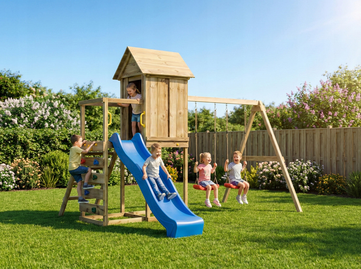 SQUARE TOYS WOODEN HOUSE SLIDE SWINGS Sandbox WALL FUNGOO Brand Fungoo