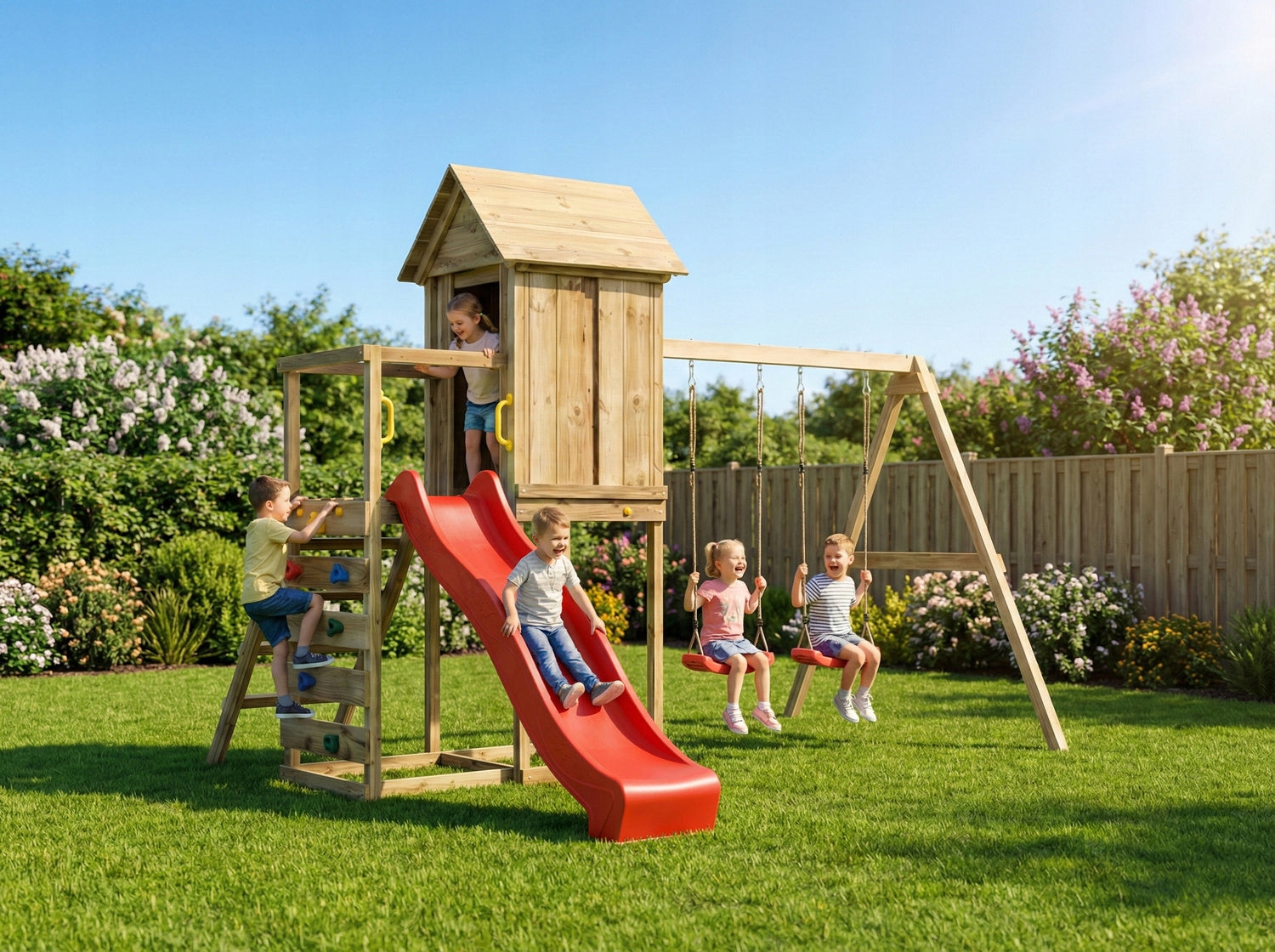 SQUARE TOYS WOODEN HOUSE SLIDE SWINGS Sandbox WALL FUNGOO Brand Fungoo