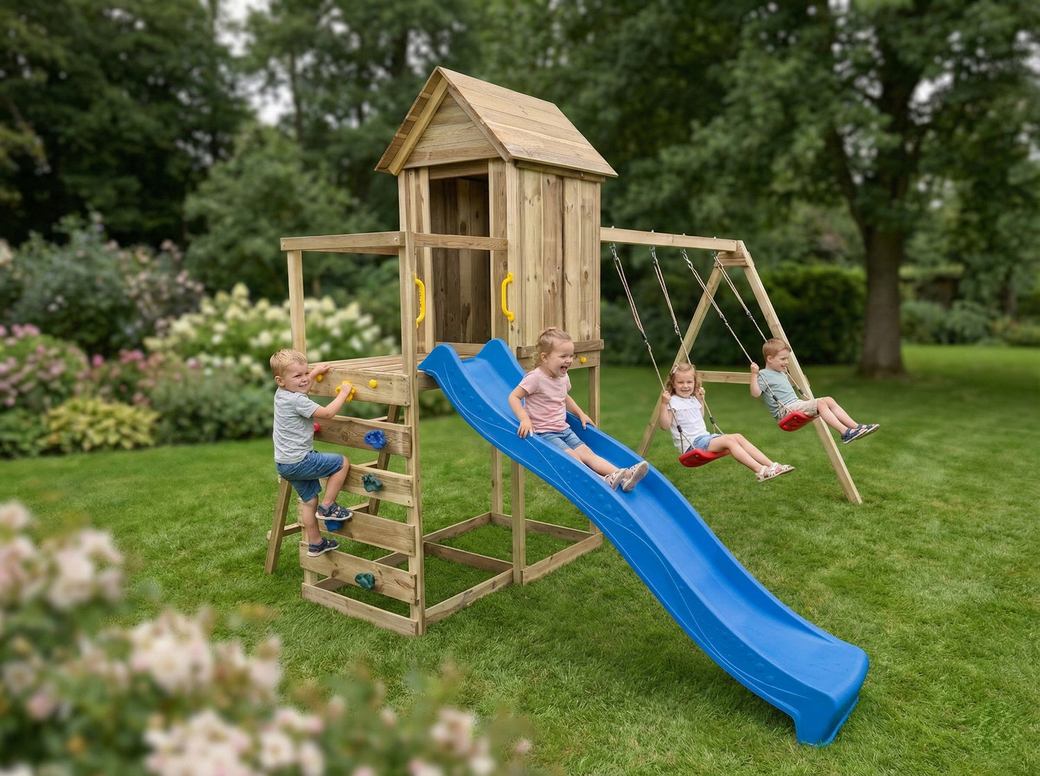 SQUARE TOYS WOODEN HOUSE SLIDE SWINGS Sandbox WALL FUNGOO Dominant material wood