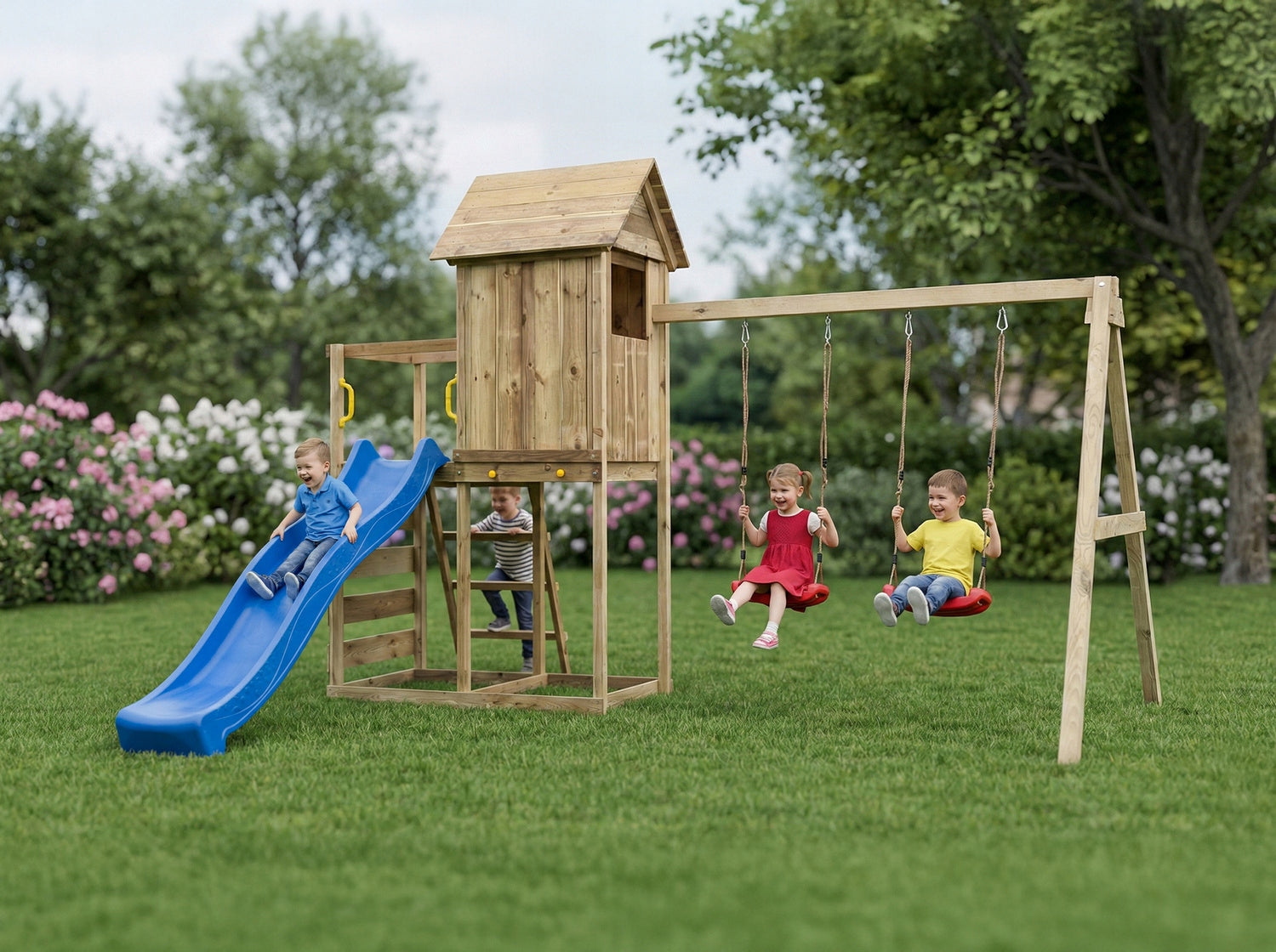 SQUARE TOYS WOODEN HOUSE SLIDE SWINGS Sandbox WALL FUNGOO Kind wooden