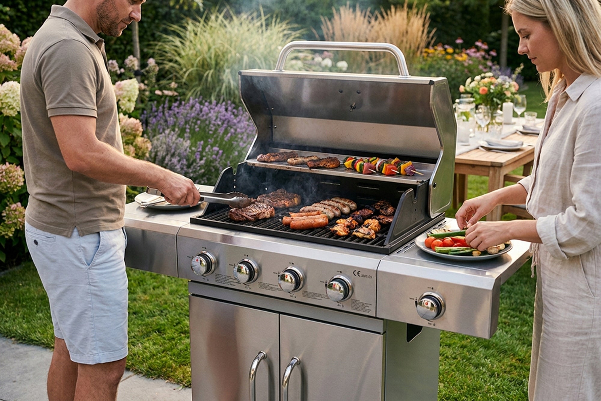 STAINLESS STEEL GARDEN GAS GRILL 13,7 kW CAST IRON GRATE Grill width 105.5 cm