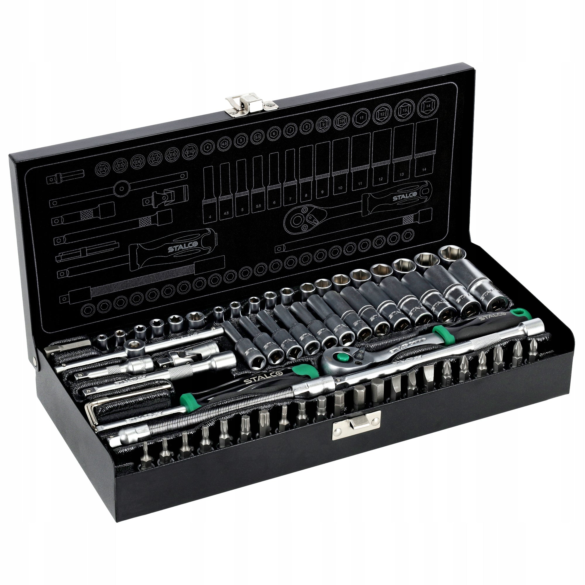 STALCO SOCKET WRENCH SET WITH RATCHET 1/4” 67 ELEMENTS METAL BOX Product weight with unit packaging 3 kg