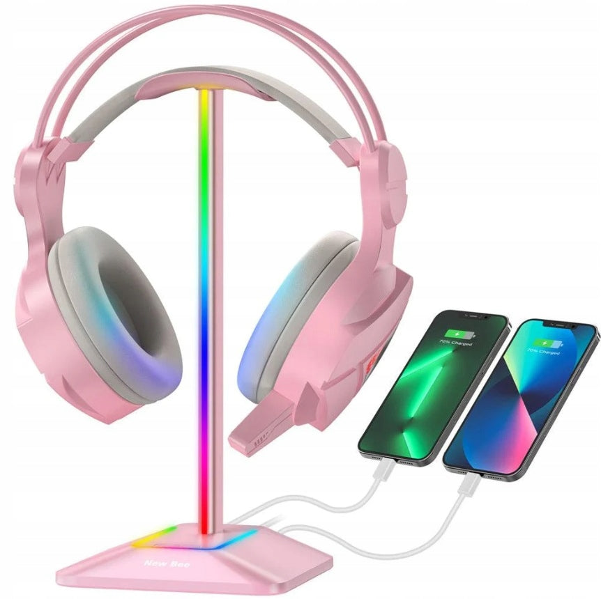 STAND FOR HEADPHONES NEW BEE GAMING BACKLIGHT RGB LED HUB USB Manufacturer code New Bee Z8 Wieszak na słuchawki LED Różowy