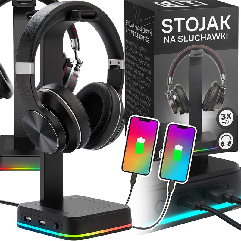 STAND GAMING HEADPHONE HOLDER BACKLIGHT RGB HUB + 2X USB