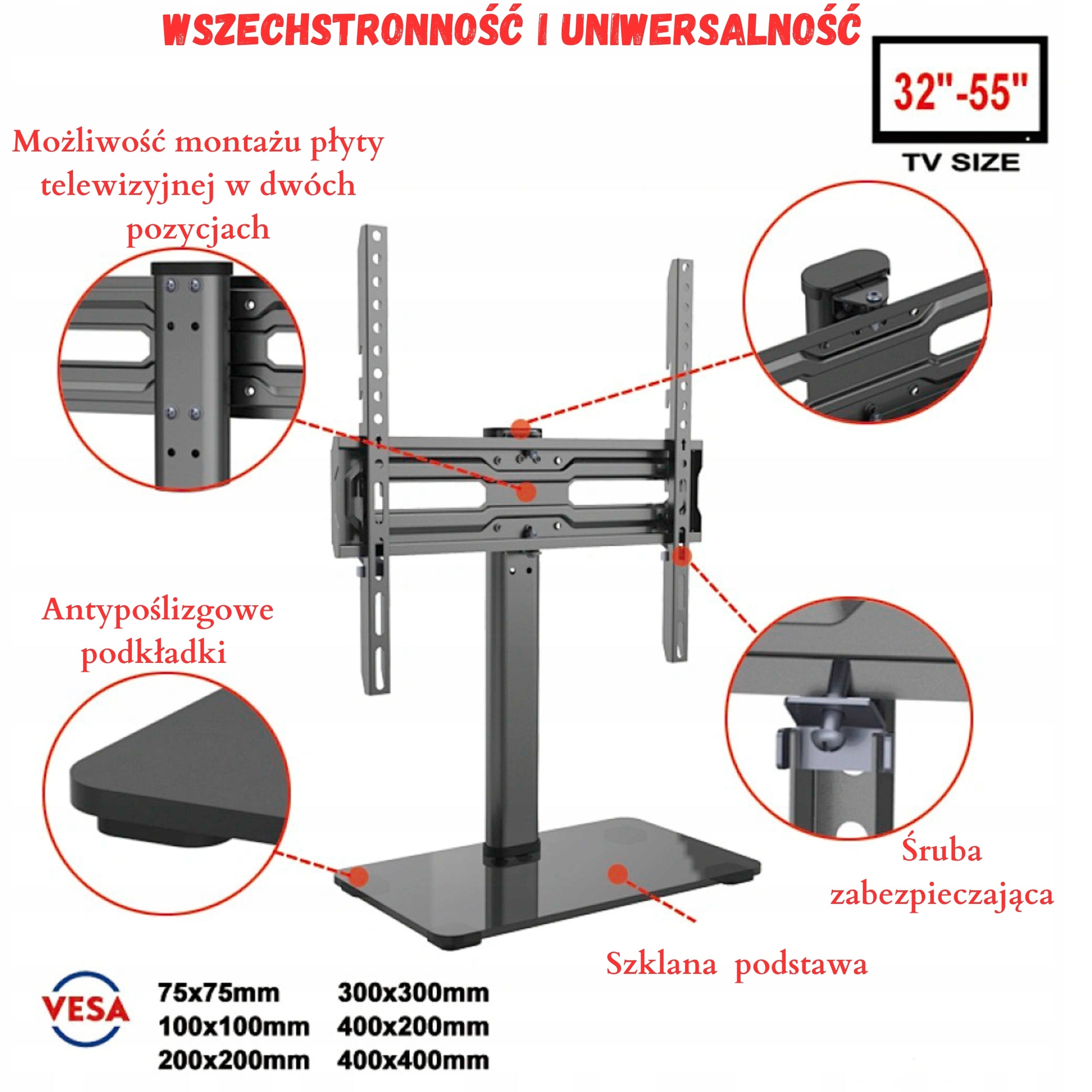 STAND TV MOUNT BASE FOR TV 32-55 INCHES SWIVEL VESA ADJUSTMENT Manufacturer code Uchwyt do Telewizora GL013