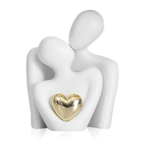 STATUETTE CERAMIC COUPLE WITH GOLD HEART FOR WEDDING ANNIVERSARY GIFT