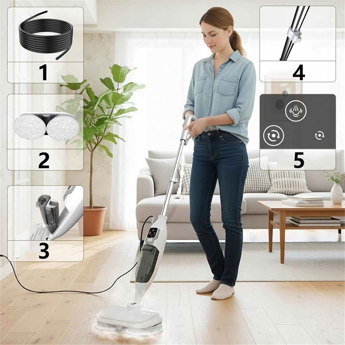 STEAM CLEANER WITH ROTATING HEAD FOR WOOD AND COMPOSITE MANUAL STEAM MOP Power supply mains