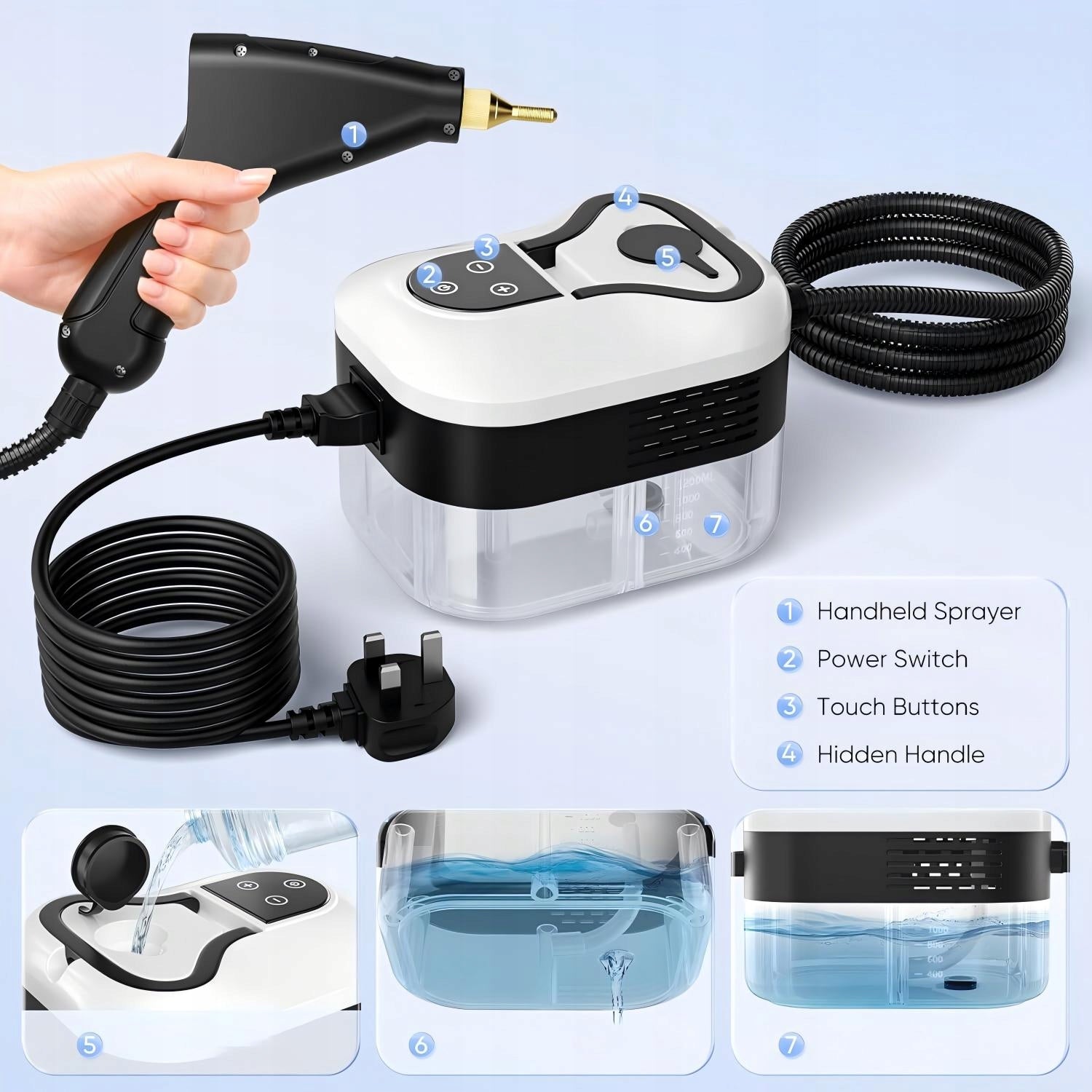 STEAMER 2500W STEAM CLEANING WITH 6 SPEED+1200ML 4.5BAR STRONG HOUSE Manufacturer code All-in-OneMart 008