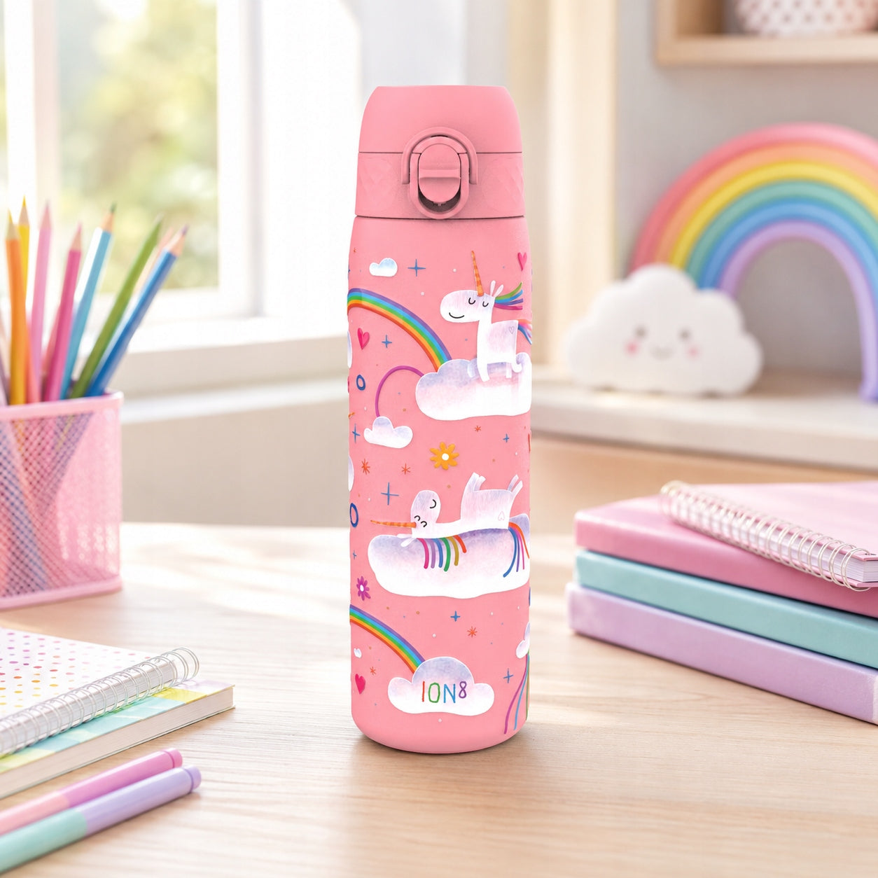 STEEL WATER BOTTLE - CERTIFIED PZH - UNICORN PONY HORSE PINK ION8 0,6 L Volume 600 ml