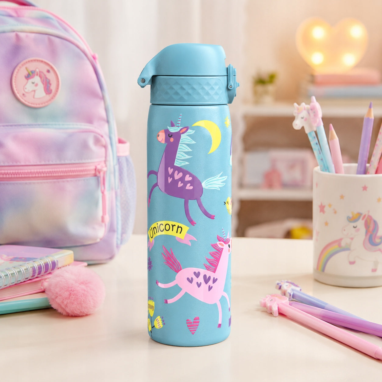 STEEL WATER BOTTLE FOR CHILDREN SEALED SCHOOL UNICORN ION8 0,6 L 600ml Manufacturer code I8SS600PBUNIC