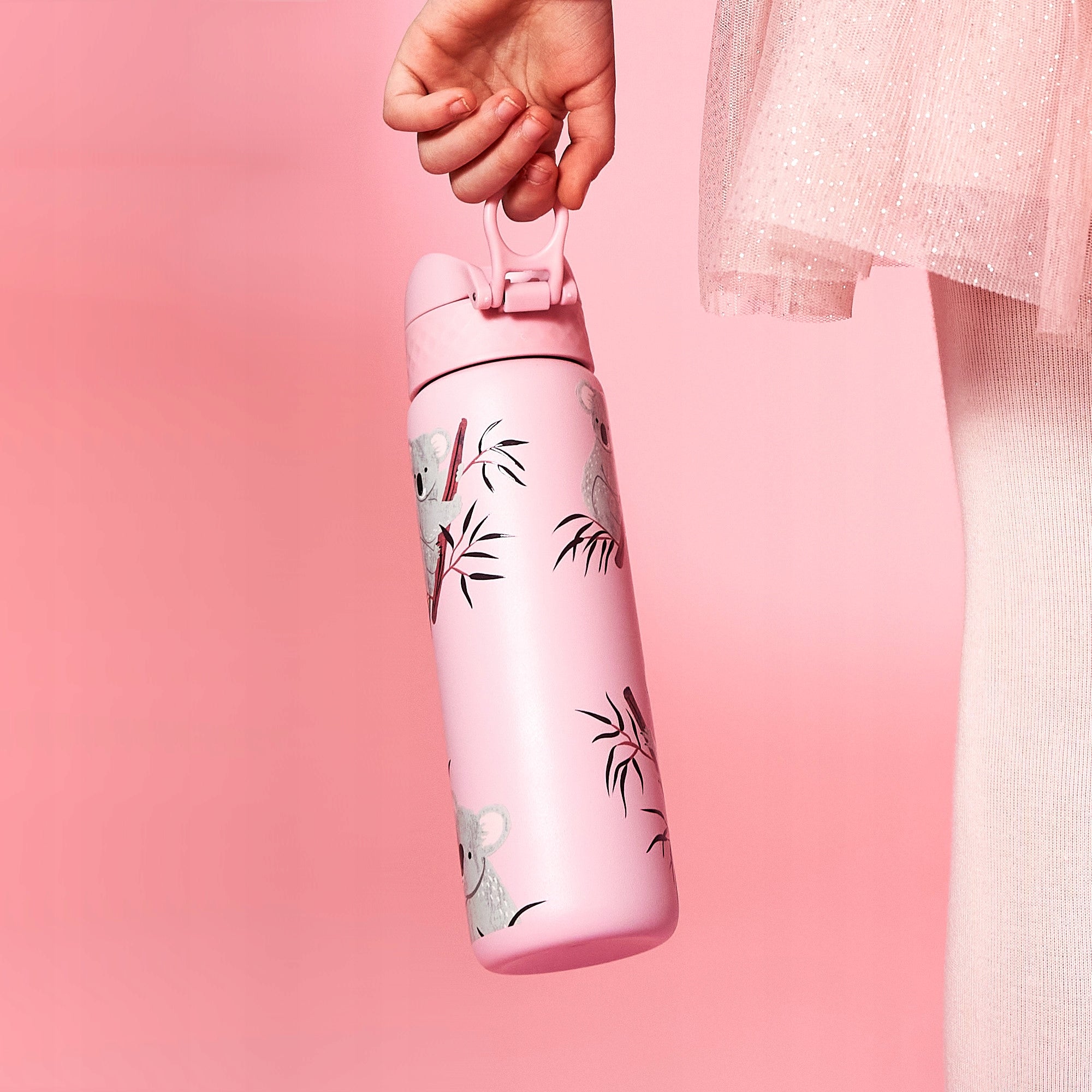 STEEL WATER BOTTLE - PZH CERTIFICATE - LIGHT SEALED -PINK KOALA BEAR - ION8 0,6 L 600 ml Height 23.1 cm