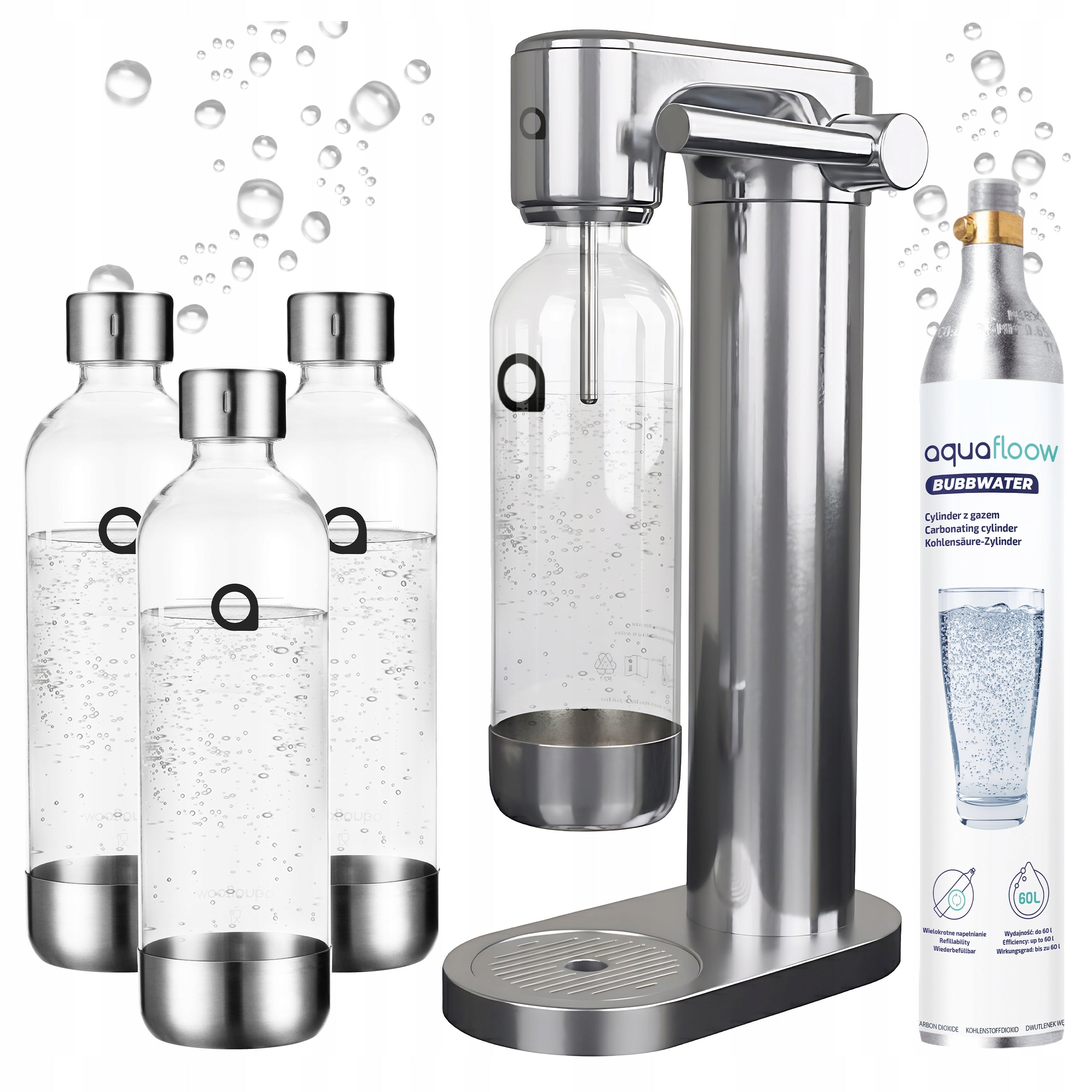 STEEL WATER SATURATOR CARTRIDGE CYLINDER CO2 3X WATER BOTTLE 0,8L SET
