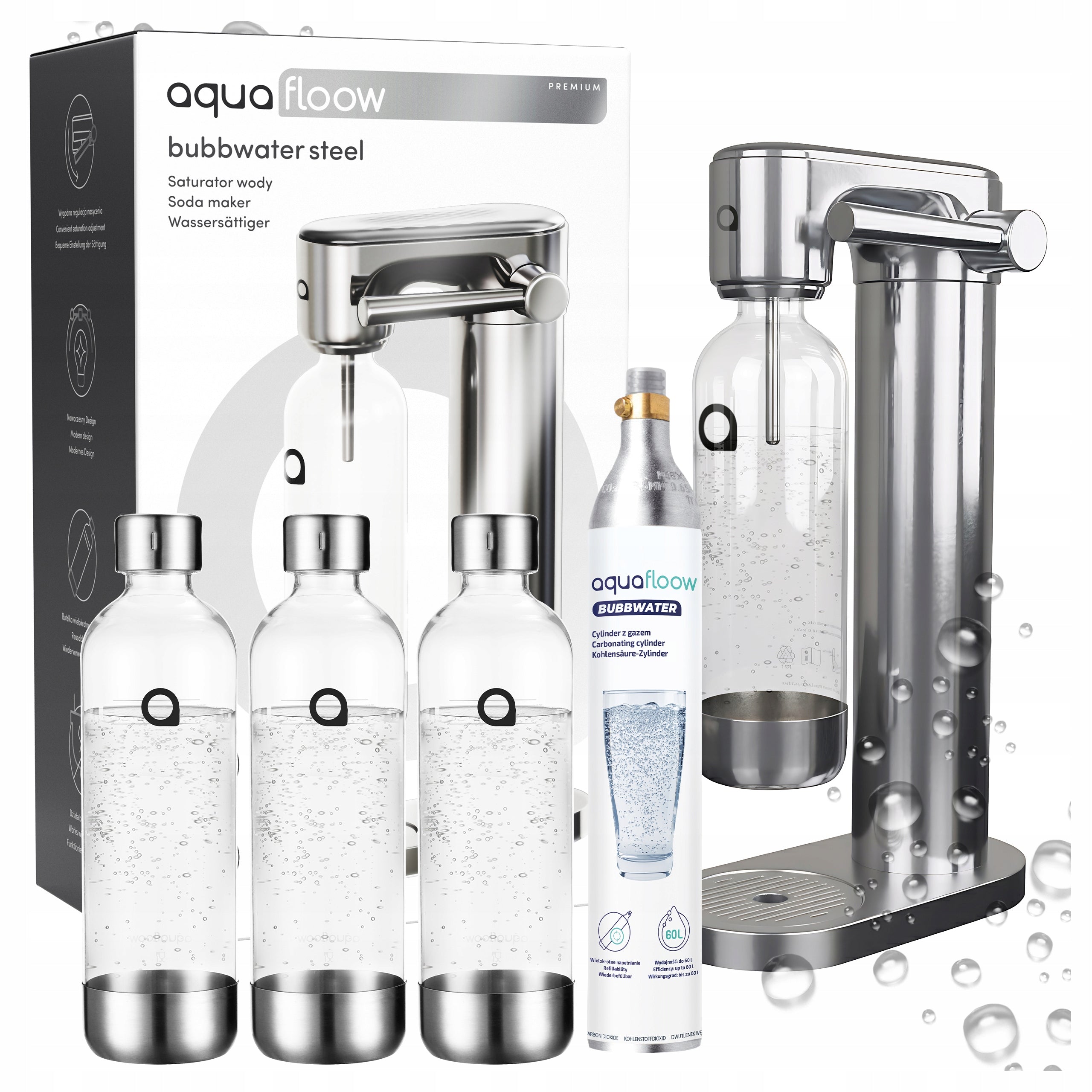 STEEL WATER SATURATOR CARTRIDGE CYLINDER CO2 3X WATER BOTTLE 0,8L SET