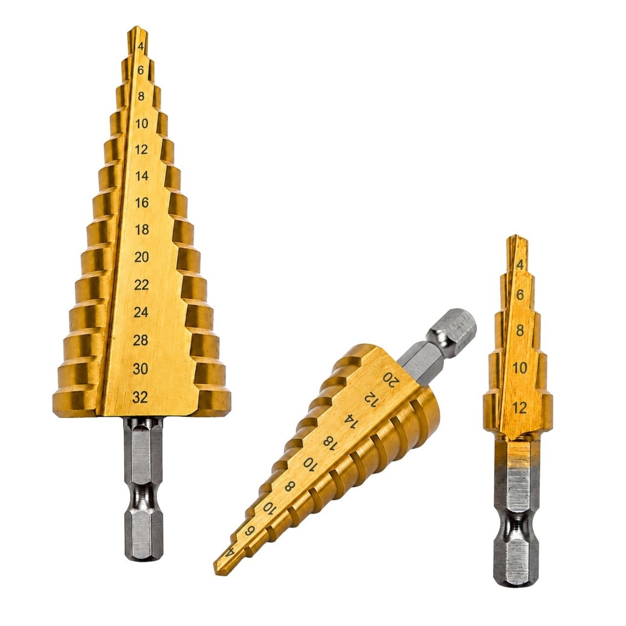 STEP CONICAL DRILL BIT FOR METAL 4-32MM SET OF 3PCS HEX WOOD STEEL HSS