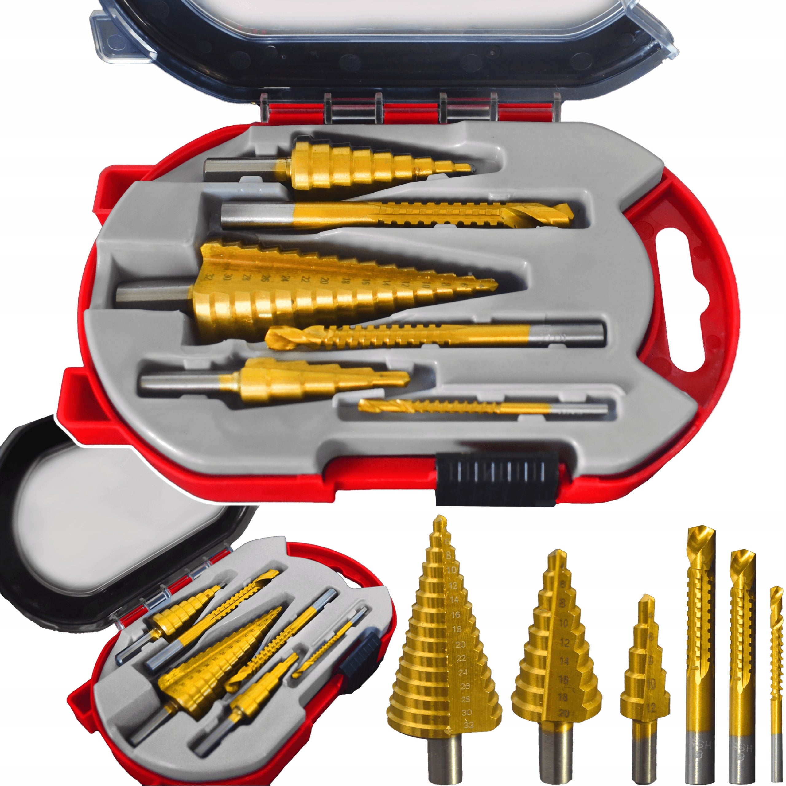 STEP DRILL BITS CONICAL FORAMINIFERA FOR METAL 4-32 MM WITH CUTTERS 6PCS HOLDX