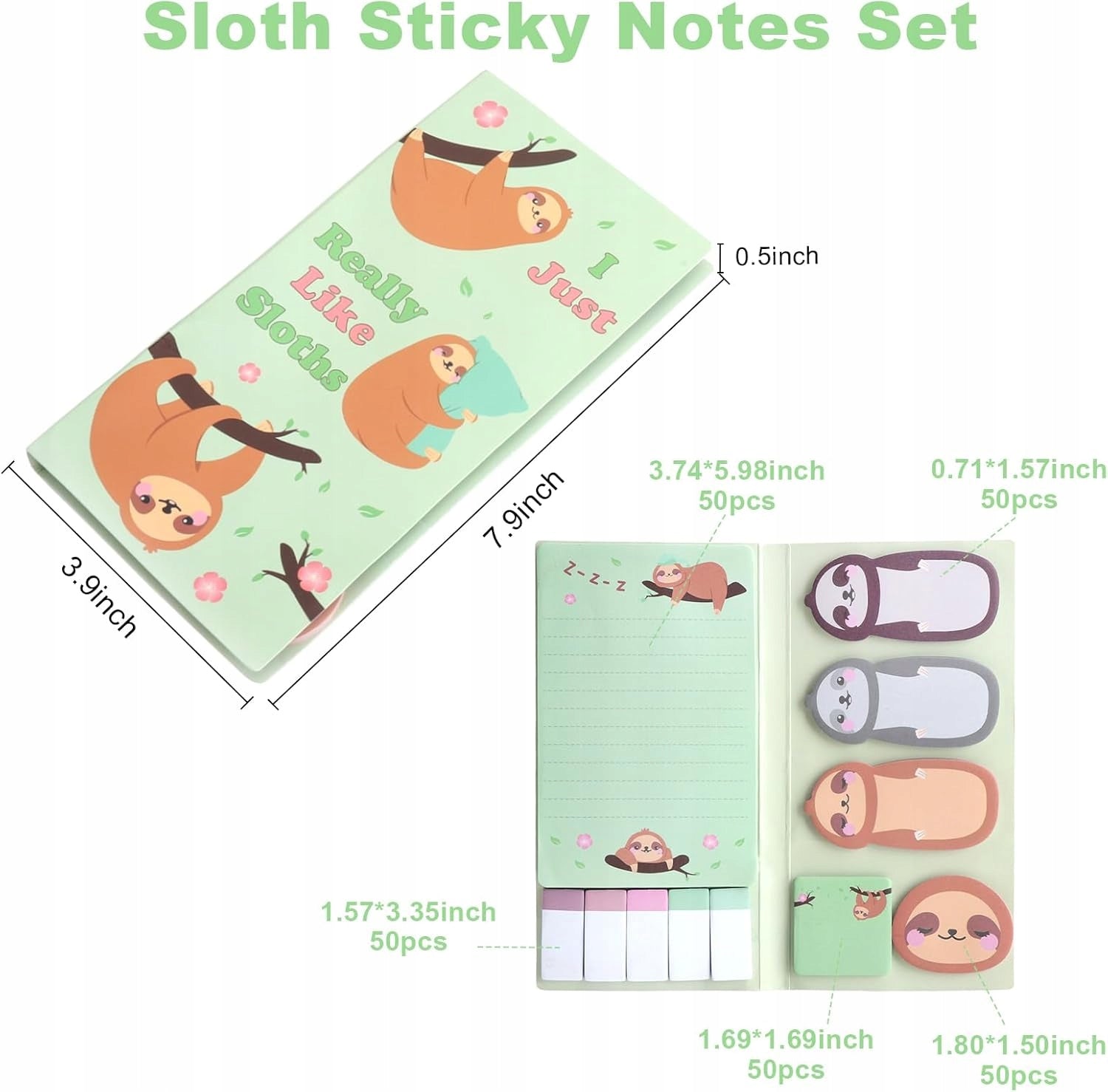 STICKY NOTES 550 PIECES SLOTHS 7 DESIGNS 5 SIZES Dominant color clear