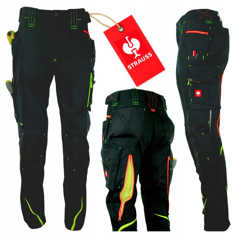 STRAUSS PREMIUM 65511 Men's Work Pants Black and Yellow Ventilation