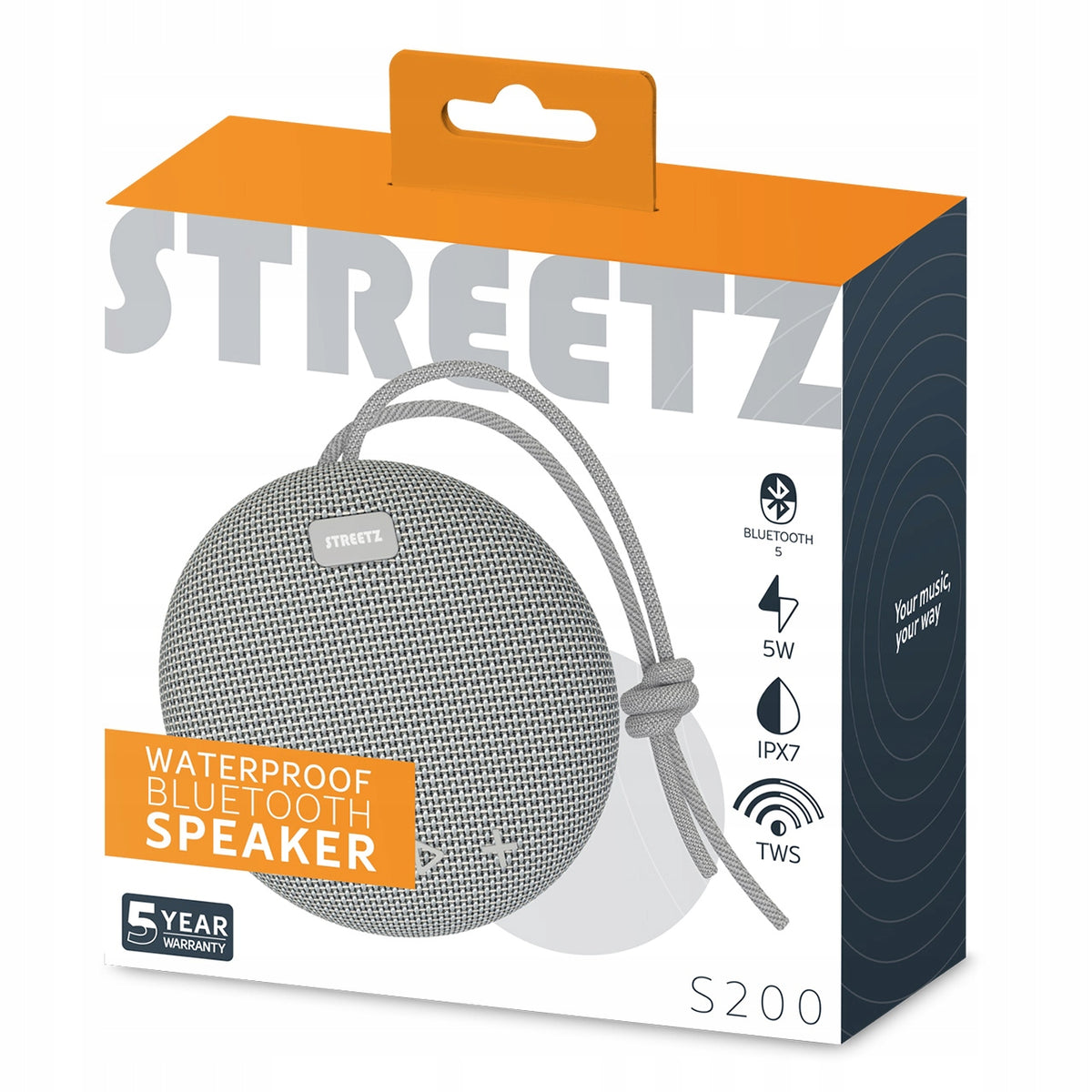 STREETZ Waterproof Bluetooth Speaker, 5W, AUX, Built-in Microphone, Grey Brand no brand