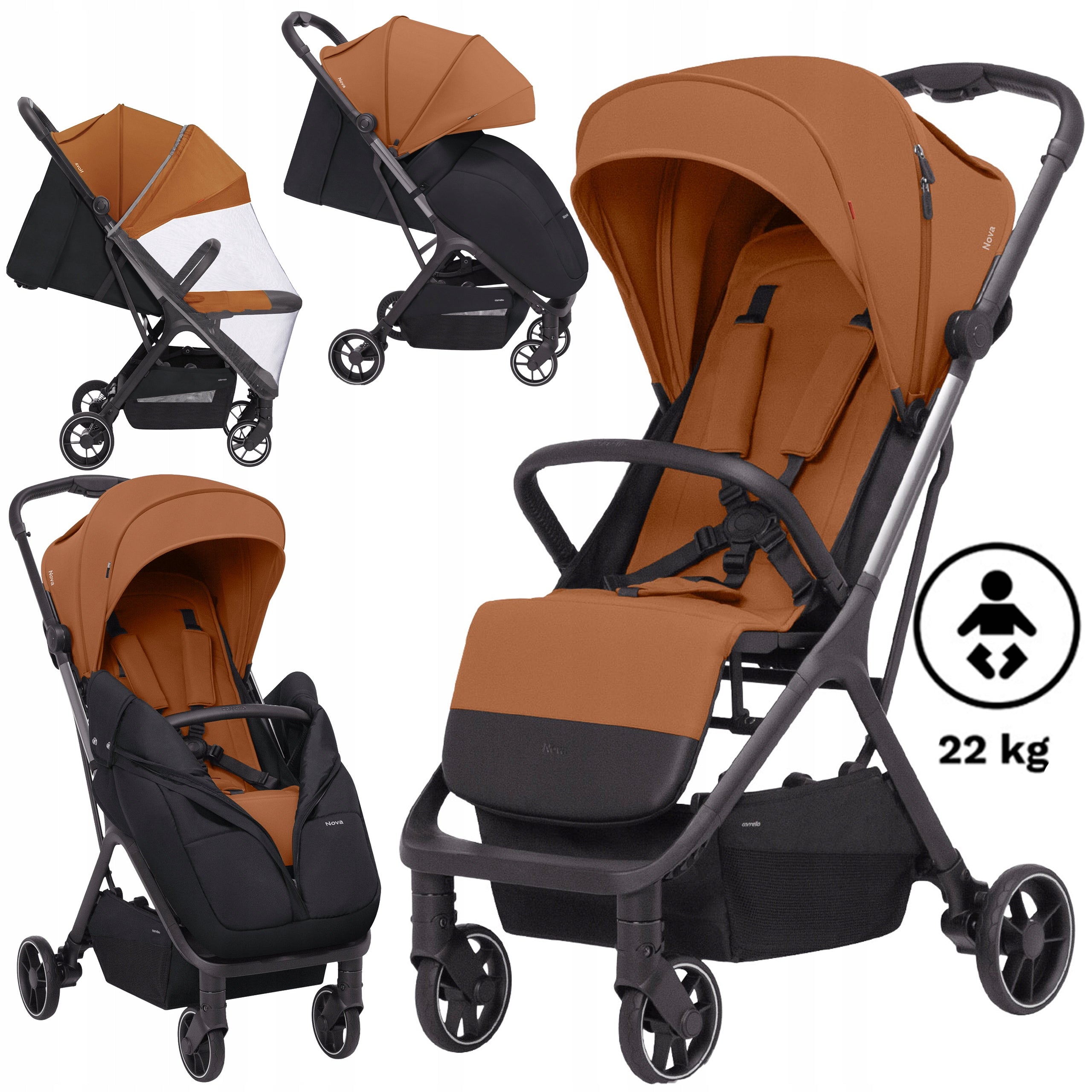 STROLLER 7,5 KG ADJUSTABLE LARGE WHEELS + MOSQUITO NET ACCESSORIES 0-22 KG