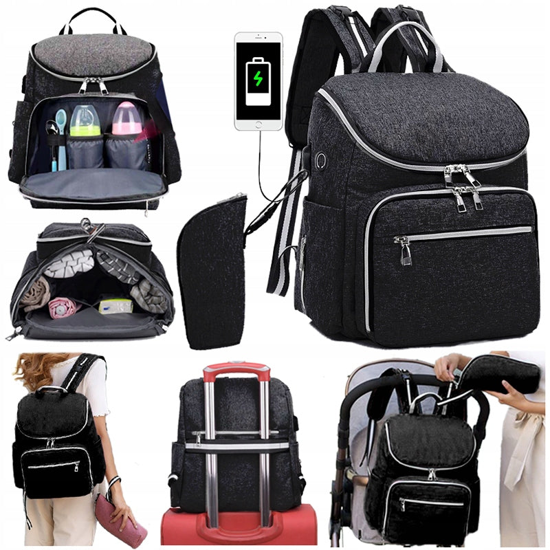 STROLLER BAG BACKPACK FOR MOM THERMAL ORGANIZER WITH ZIPPER USB POCKETS