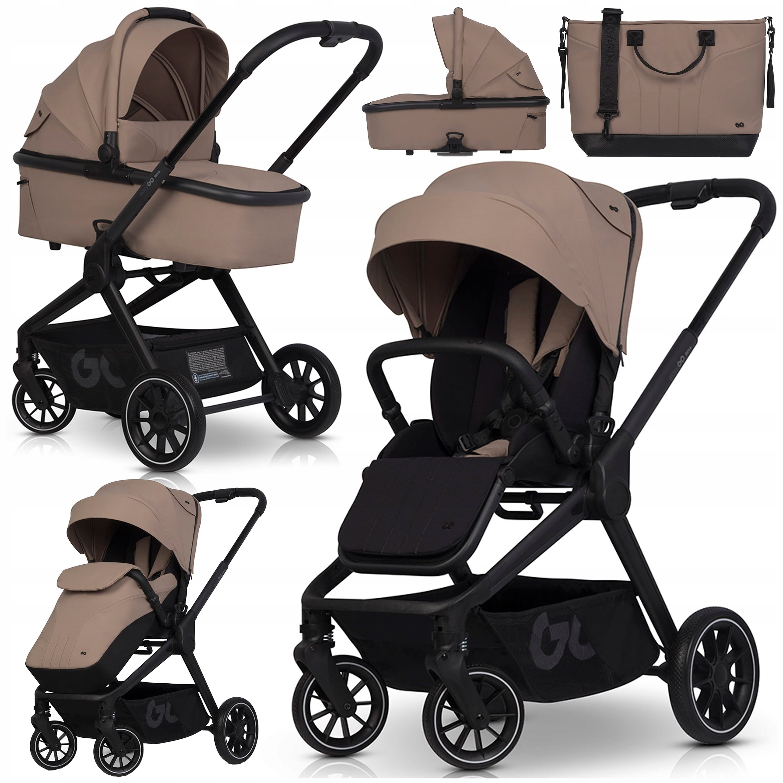 STROLLER + GONDOLA BAG RETRACTABLE SEAT 3in1 LARGE WHEELS 0-22KG