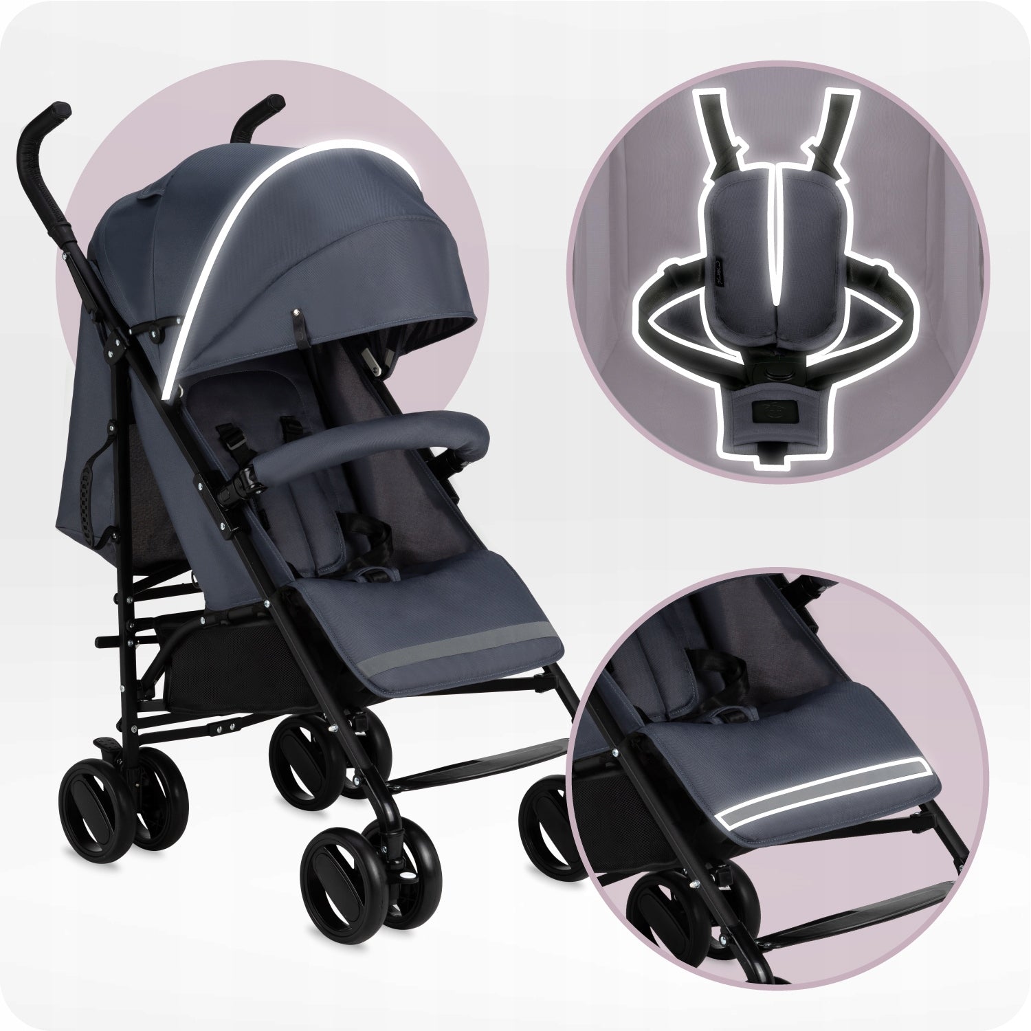 STROLLER UMBRELLA MOMI AKIRA GREY BASKET MOSQUITO NET FOIL Color shades of gray and silver