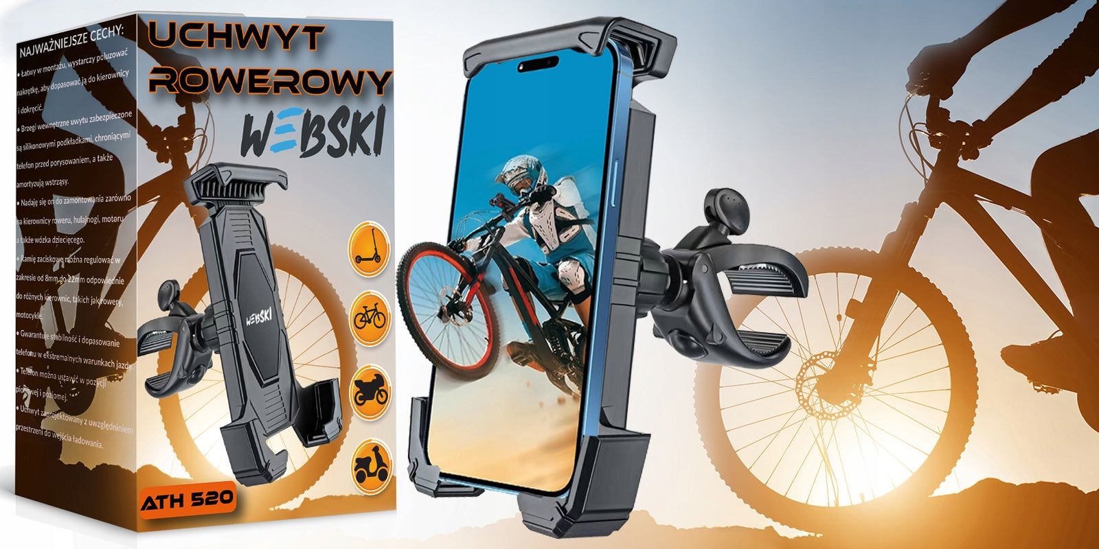 STRONG BICYCLE PHONE HOLDER MOTORCYCLE HANDLEBAR SCOOTER Brand Webski
